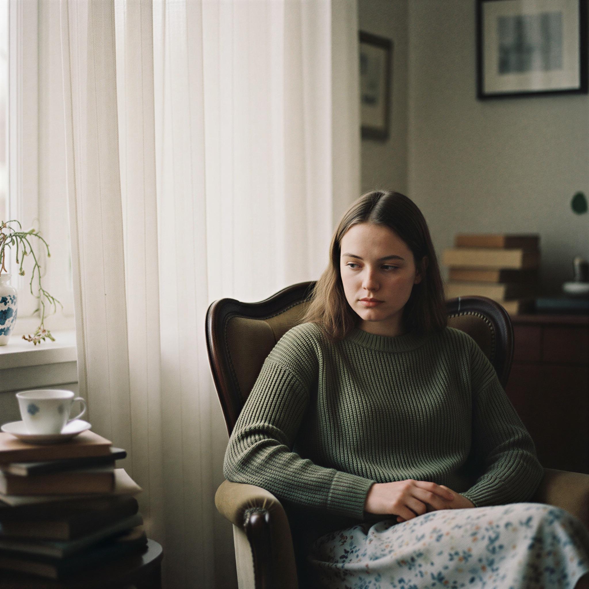 35mm film aesthetic photography, soft diffused natural light streaming through sheer curtains, intimate portrait setting, muted color palette, gentle film grain visible, quiet contemplation mood, authentic shallow depth of field, timeless analogue texture, evocative magazine quality capture, subtle vintage patina.