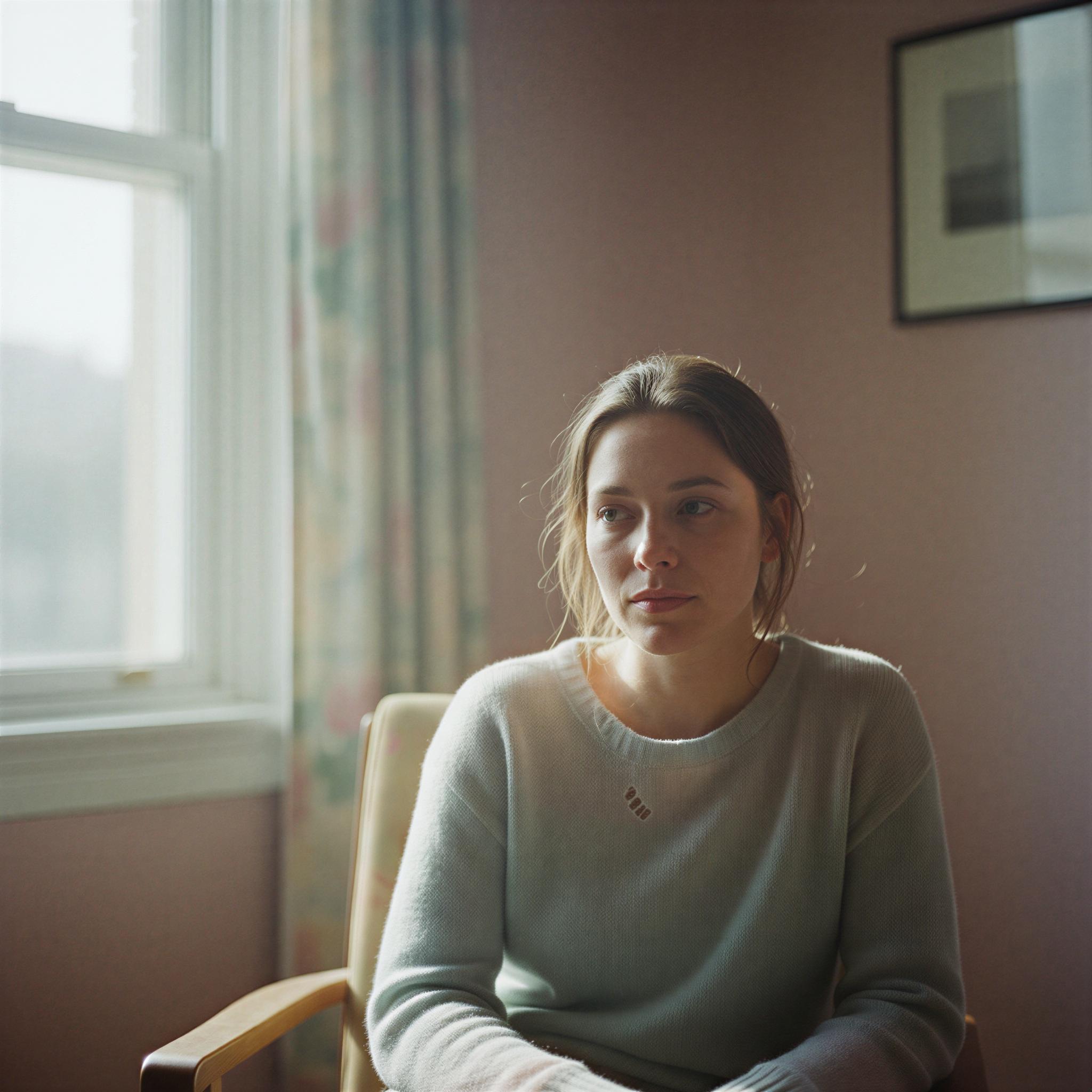 35mm film aesthetic photography, soft diffused daylight portrait, subtle film grain texture, faded pastel color palette, intimate and raw emotion, natural framing, documentary style candid moment, hazy sunlit atmosphere, evocative analog depth, magazine quality photojournalism