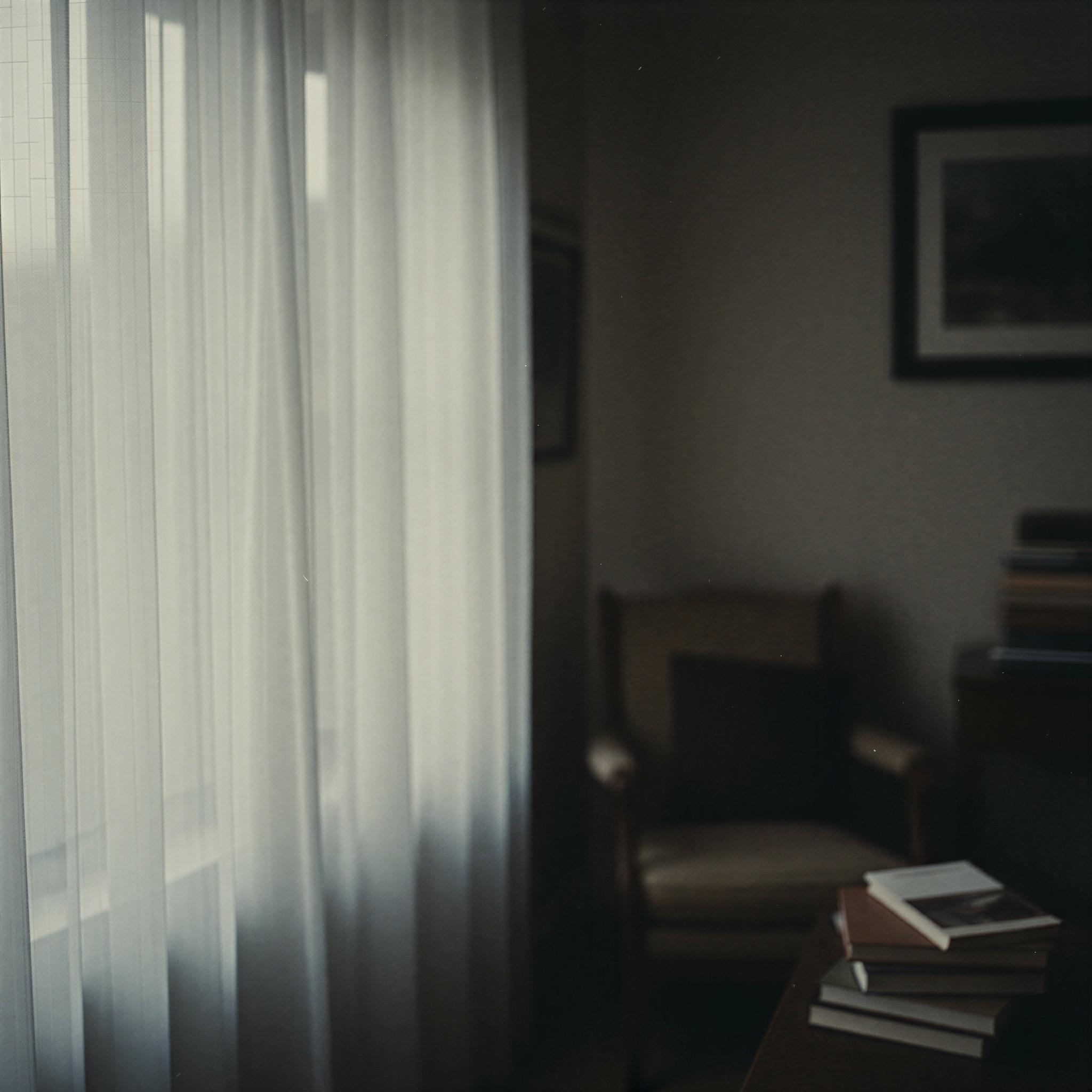 35mm film aesthetic photography, soft diffused daylight through sheer curtains, natural skin textures, subtle chromatic aberration, intimate portrait session, muted vintage color palette, deeply evocative and quiet mood, shallow depth of field, fine grain structure, film noir influence, magazine quality analog capture