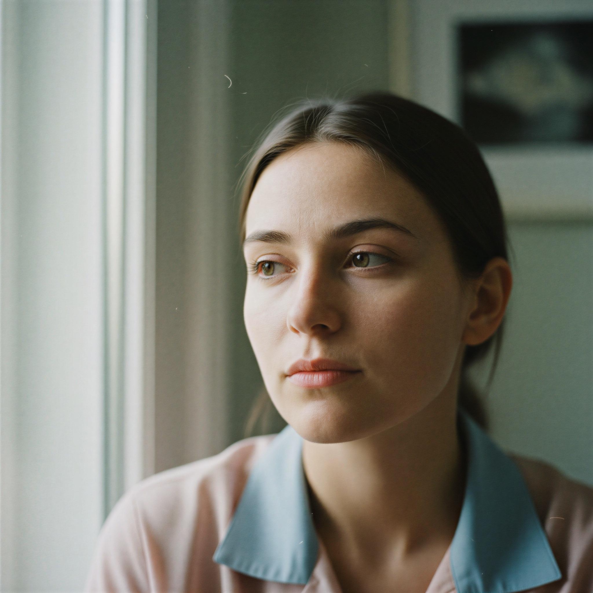 35mm film aesthetic photography, close-up natural portrait, soft window light illumination, muted pastel color palette, visible fine film grain, authentic light scuffs, contemplative mood, intimate framing, shallow depth of field, quiet cinematic realism, high-quality analog exposure