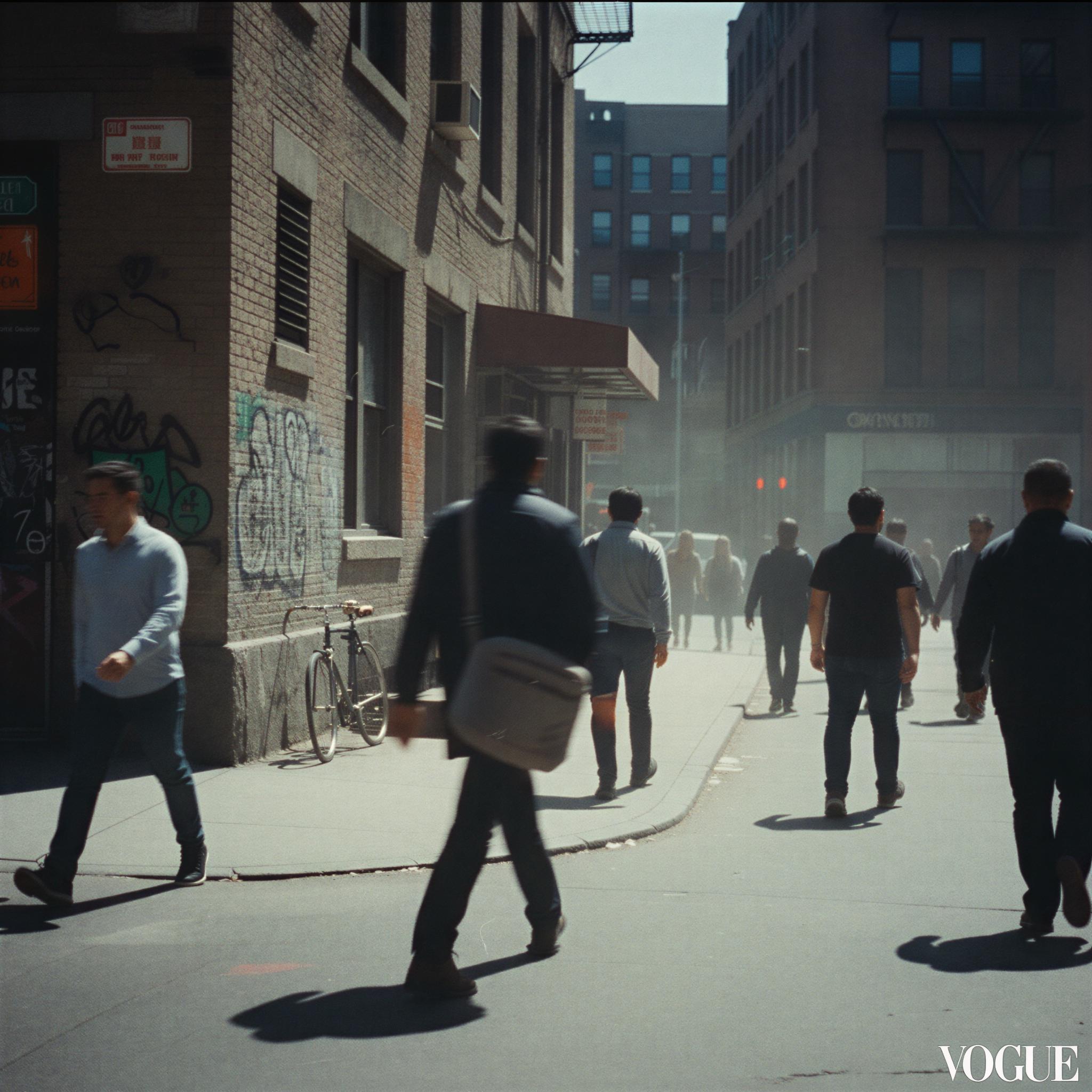 35mm film aesthetic photography, gritty urban street candid, harsh midday sun creating strong shadows, muted color palette with prominent film grain, sense of fleeting motion, spontaneous moment, documentary style composition, raw authentic texture, captured on expired film stock, Vogue editorial