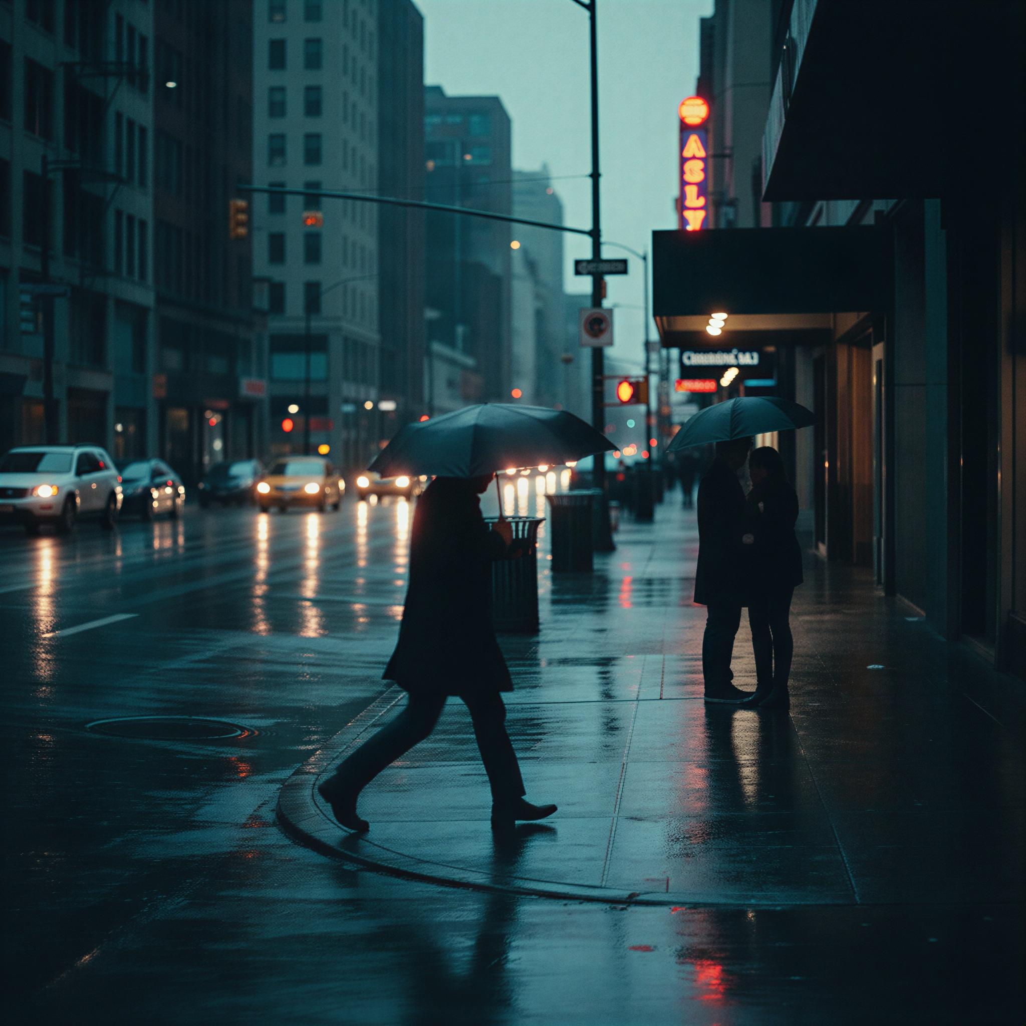 35mm film aesthetic photography, rain-slicked city street candid shot, moody low-key lighting, deep shadow contrast, authentic film grain, slightly desaturated cool tones, documentary street style, fleeting moment captured, urban realism, Hasselblad medium format feel, magazine quality editorial