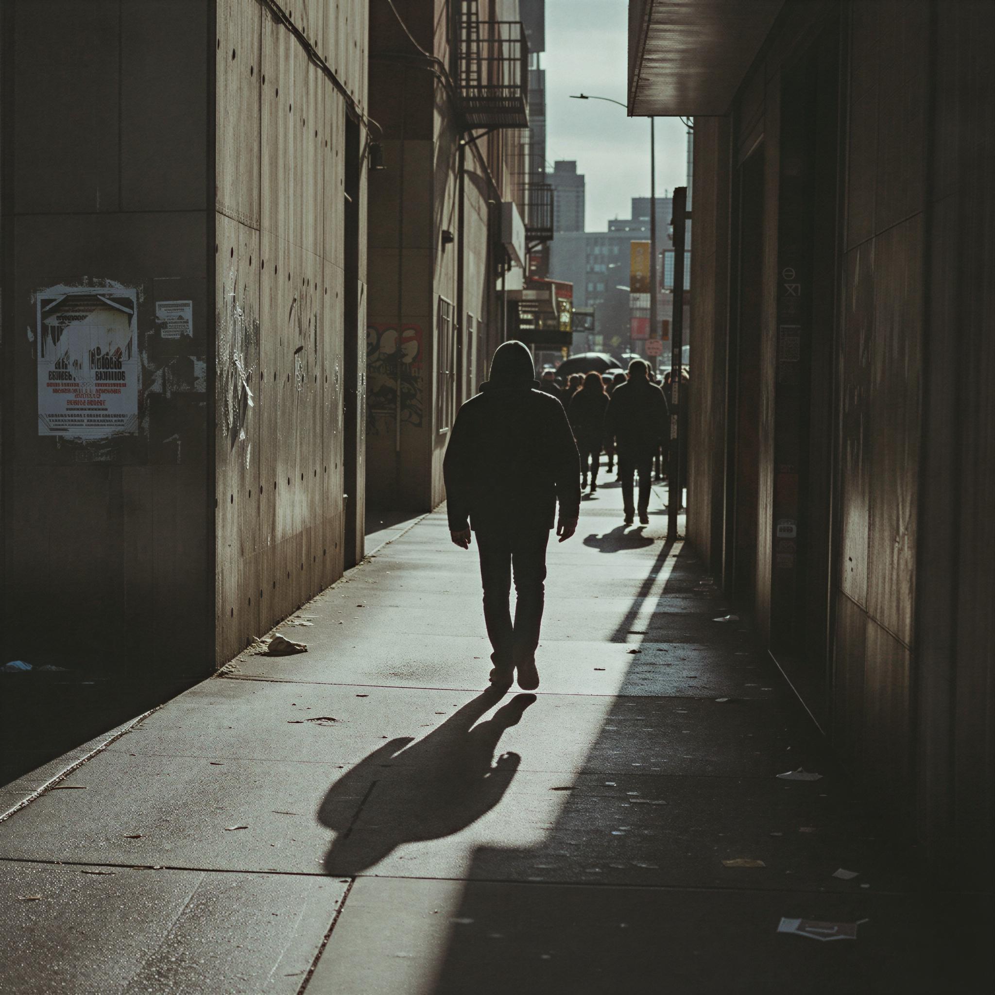 35mm film aesthetic photography, gritty urban street candid, diffused overcast daylight, heavy film grain, muted earth tones, sense of anonymity, fleeting moment captured, documentary style realism, high contrast shadows, evocative storytelling, evocative texture, magazine quality editorial