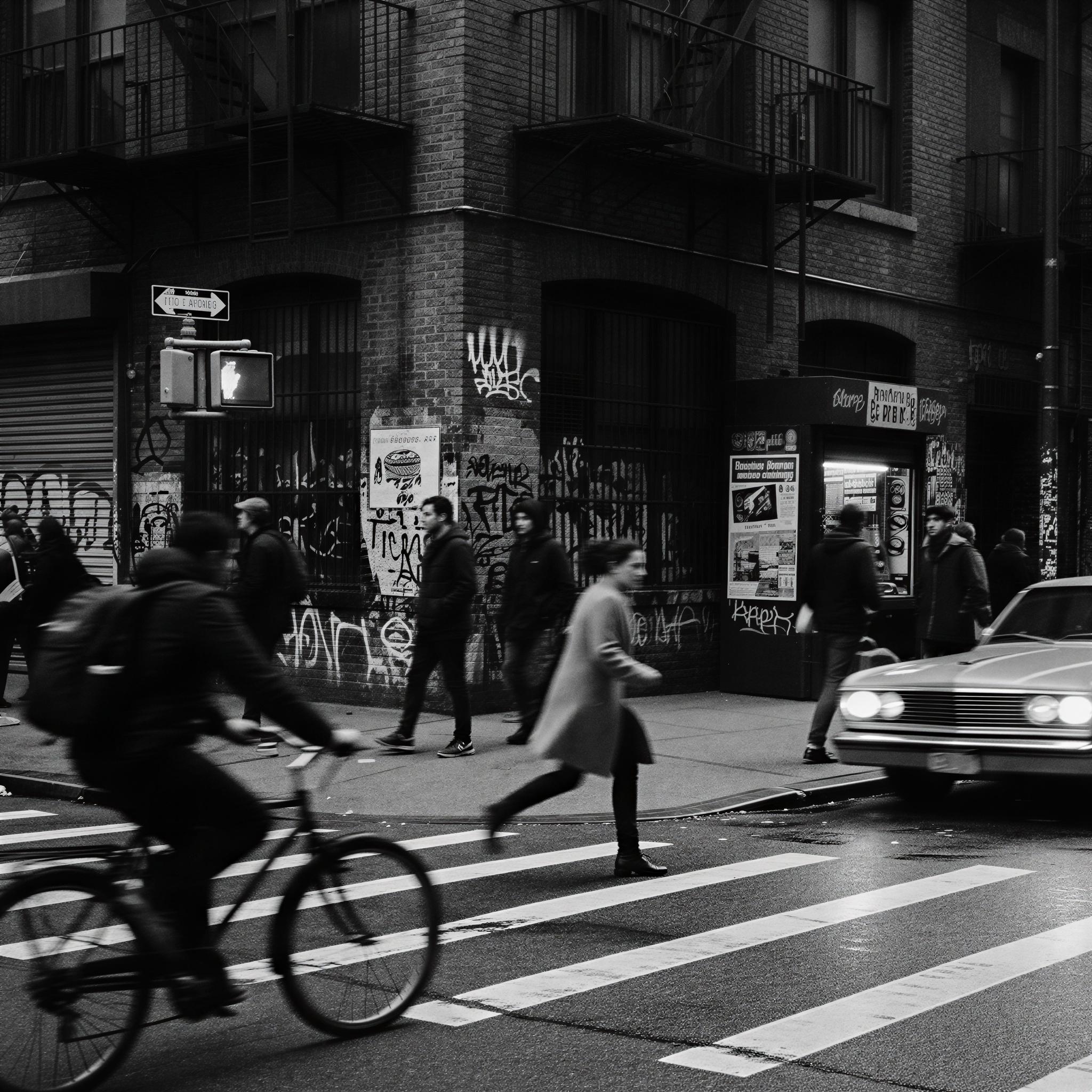 35mm film aesthetic photography, vibrant street candid, slight motion blur, high contrast black and white, gritty urban texture, spontaneous captured moment, deep shadows, documentary style realism, authentic film grain, evocative mood, timeless photojournalism, magazine quality editorial