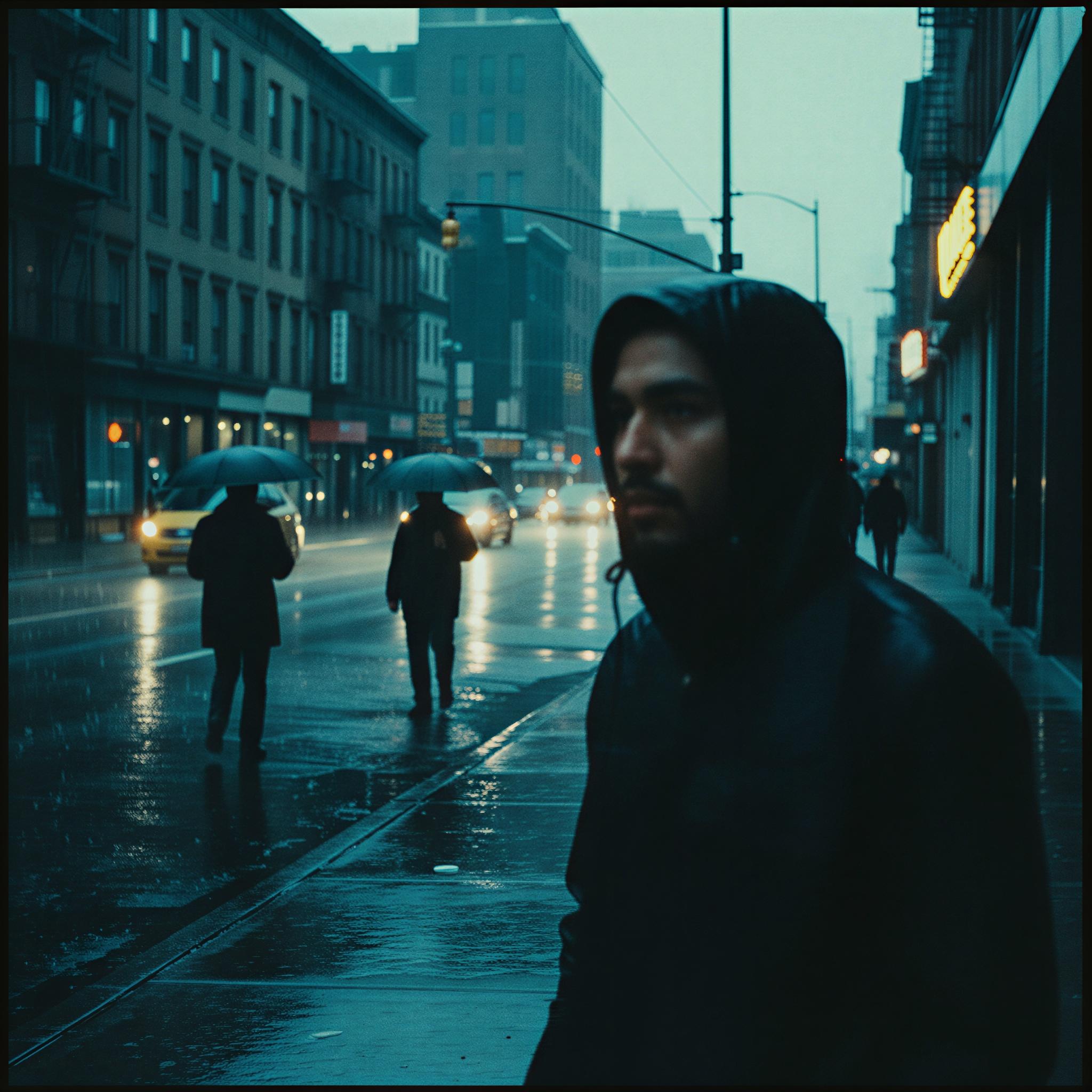 35mm film aesthetic photography, rainy city street candid, deep cyan and muted yellow tones, pronounced film grain, low-key moody lighting, high contrast street shadows, evocative raw emotion, cinematic street photography style, authentic documentary feel, Vogue editorial quality, captured movement.