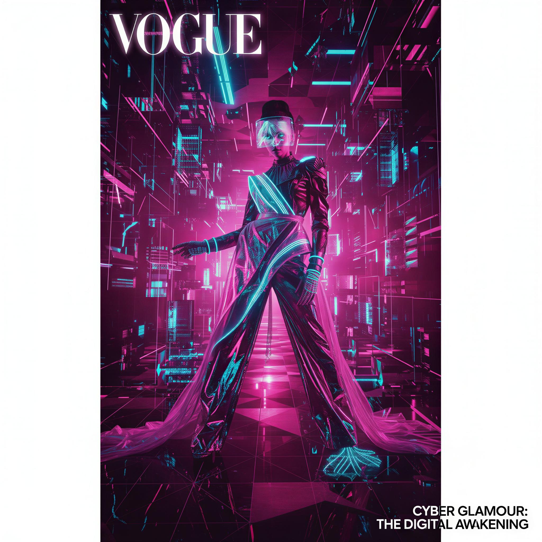 Cyber glamour editorial style, dreamlike digital interface setting, glowing wireframe structures, saturated magenta and cyan lighting, high-gloss textures, ethereal mood, Vogue editorial framing, abstract digital landscape backdrop, cutting-edge fashion drama, magazine quality hyper-realism