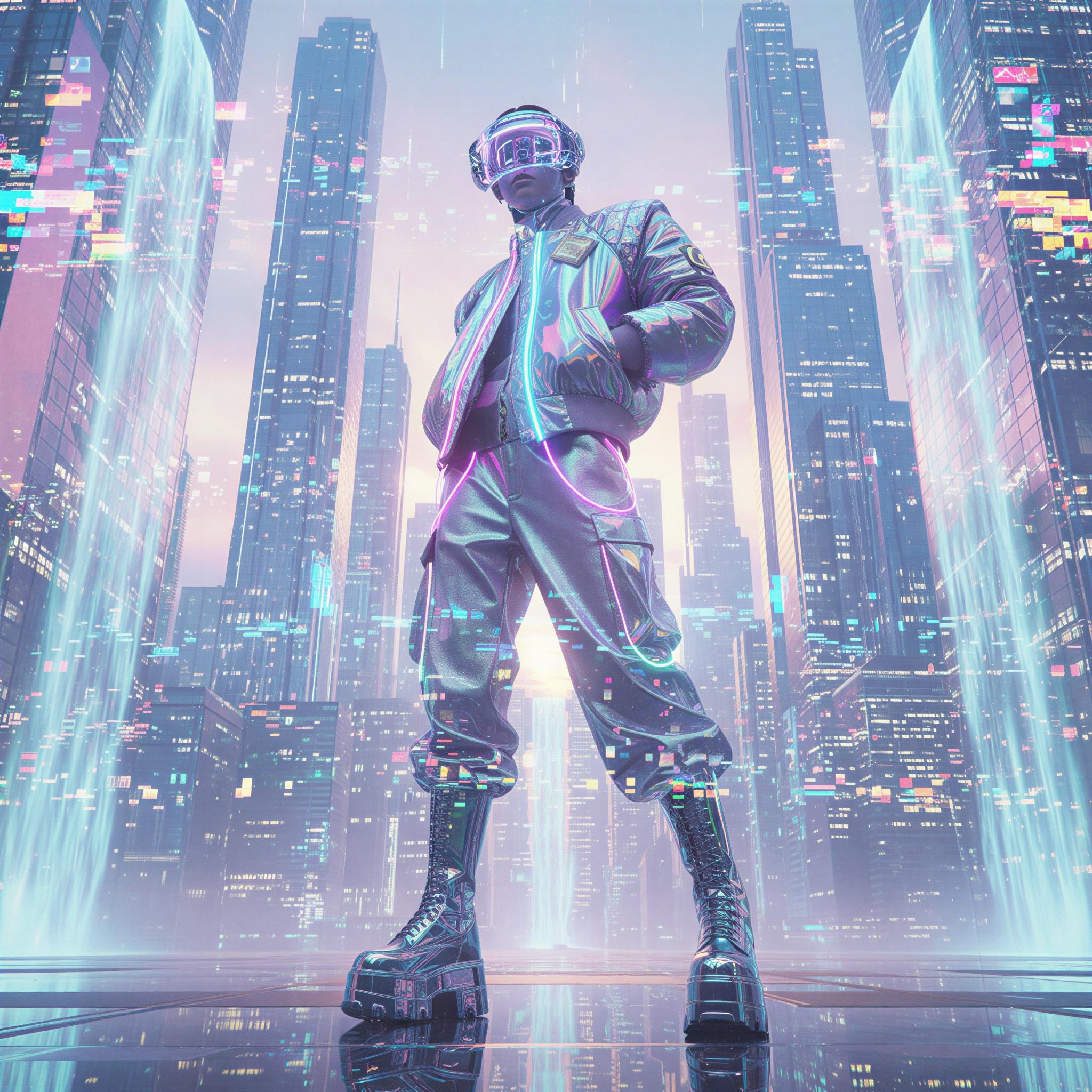 Cyber glamour editorial style, vibrant digital glitch effects overlay, luminous pastel lighting, sleek reflective surfaces, high-fashion streetwear juxtaposition, ethereal yet sharp mood, low-angle dynamic composition, high-resolution digital photography, futuristic maximalism, high-tech visual symphony.