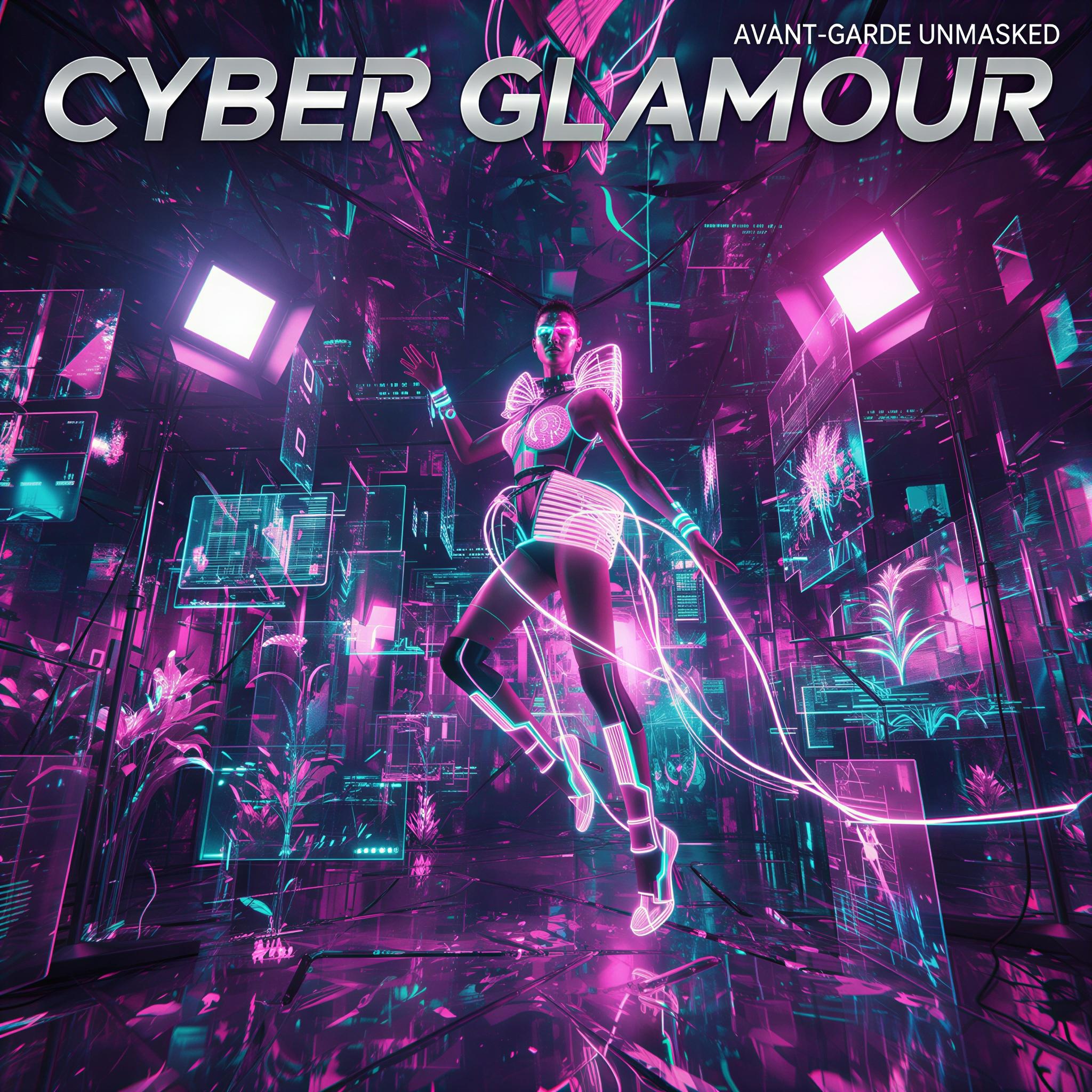 Cyber glamour editorial style, immersive holographic studio setting, iridescent surfaces reflecting sharp studio strobes, high-gloss texture, magenta and cyan color palette, intense focus, dynamic action shot, avant-garde digital fashion, cutting-edge visual narrative, magazine quality cinematic fidelity