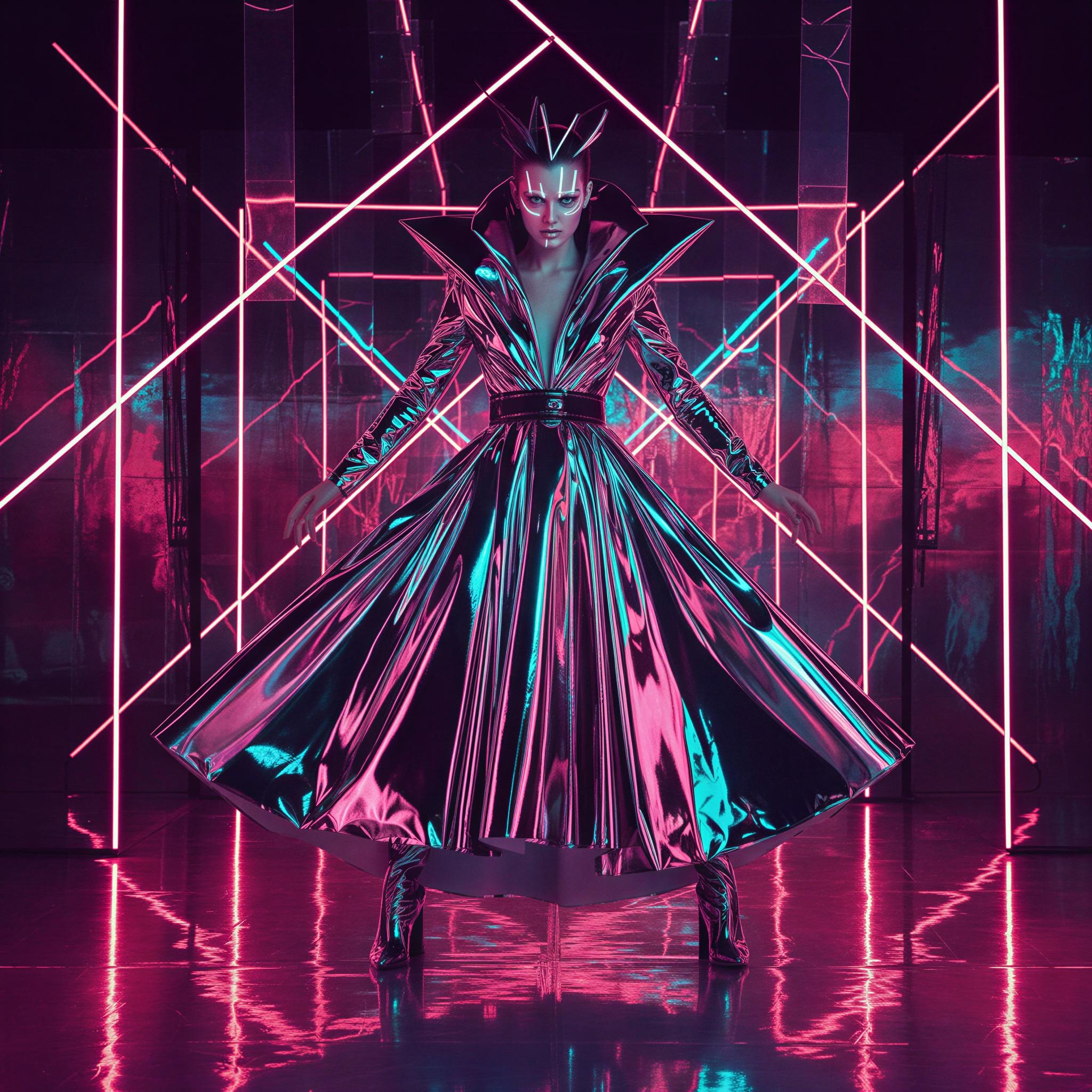 Cyber glamour editorial style, high-key holographic studio, sharp rim lighting highlighting metallic textures, vibrant magenta and cyan reflections, futuristic minimalism, intense dramatic expression, high fashion editorial quality, precise geometric composition, digital avant-garde presentation