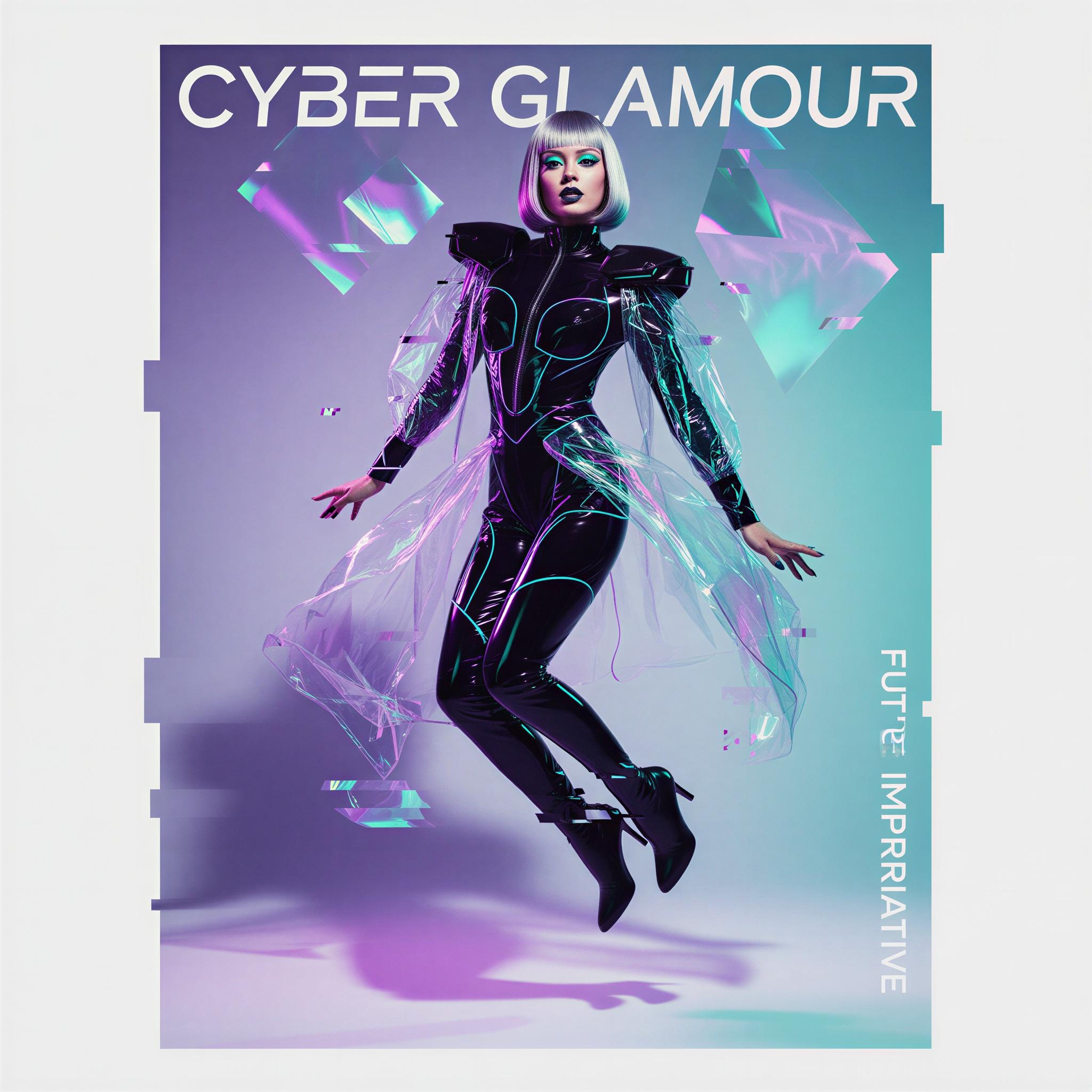 Cyber glamour editorial style, stark white studio setting with holographic projections, deep violet and cyan rim lighting, sleek vinyl textures, high-fashion dynamic pose, sharp focus, digital distortion effects, futuristic sci-fi mood, ultra-modern editorial composition, vogue quality rendering