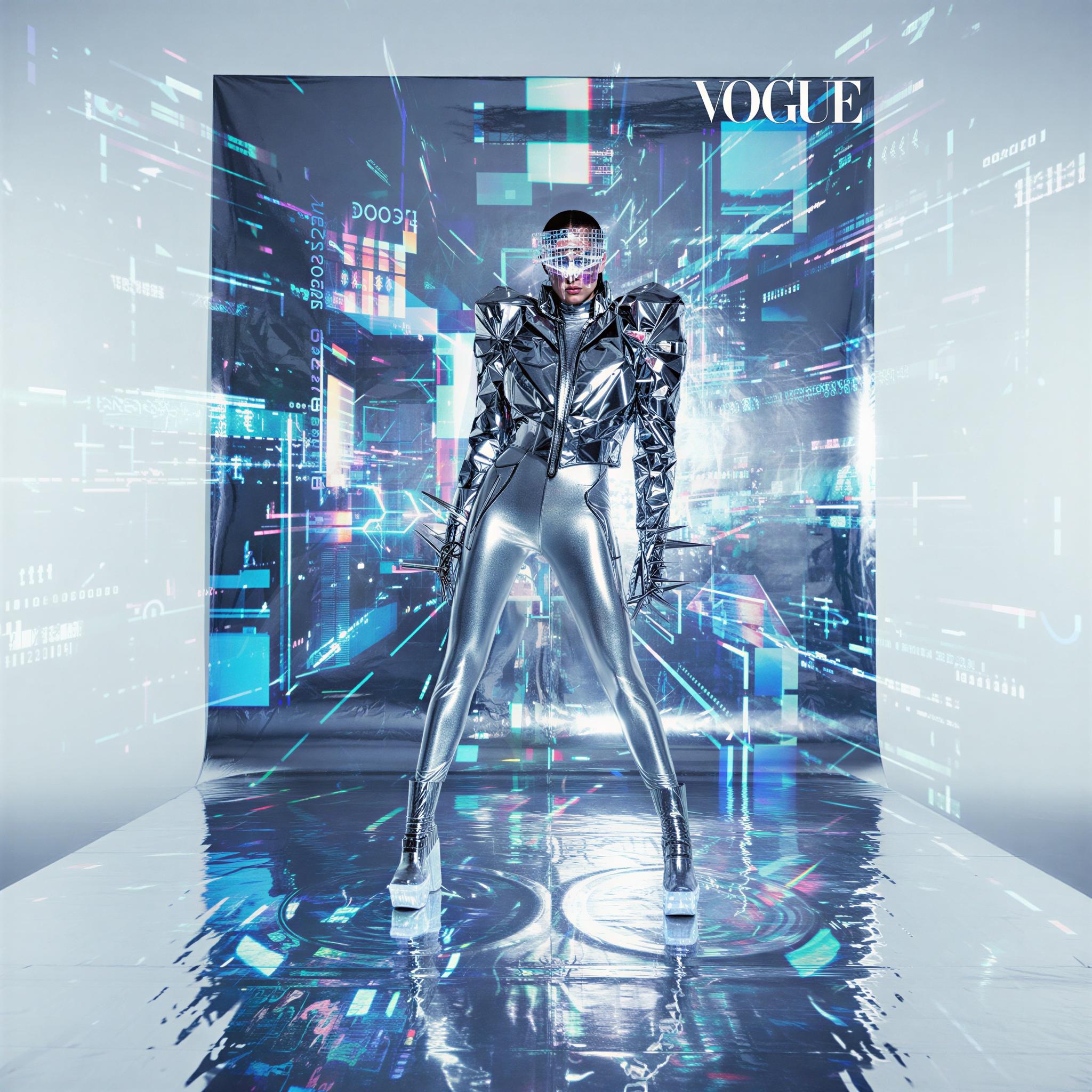 Cyber glamour editorial style, sterile white studio illuminated by intense, cool-toned holographic projections, reflective surfaces emphasizing digital texture, high-contrast lighting, avant-garde metallic textures, moody yet sharp focus, futuristic high-fashion aesthetic, digital fluidity, Vogue editorial quality