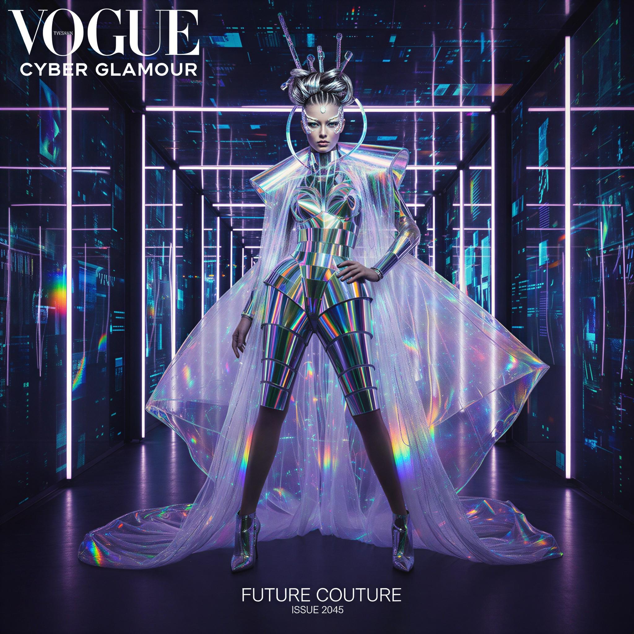 Cyber glamour editorial style, holographic studio environment, intense rim lighting casting refracted color spectrums, iridescent textures, dramatic high contrast composition, futuristic sleek aesthetic, high fashion energy, synthetic shadows, vogue editorial precision, vibrant digital glow