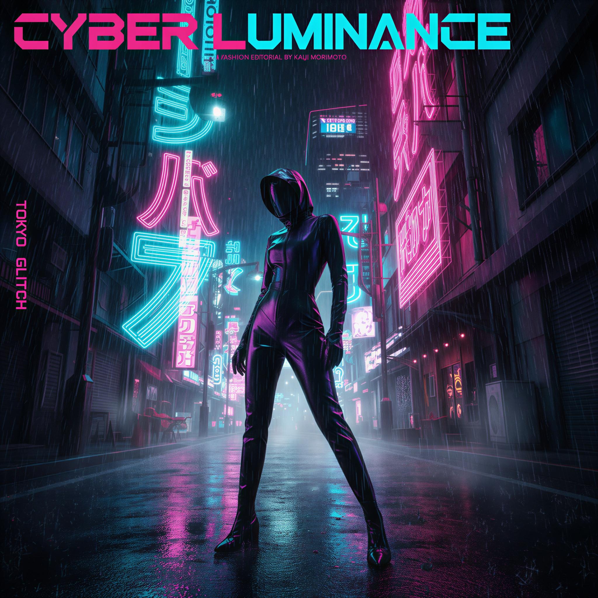 Cyber glamour editorial style, dramatic chiaroscuro lighting cutting through Tokyo rain, wet asphalt reflections, vibrant magenta and cyan neon signs, high-gloss latex textures, futuristic dystopian mood, strong vertical framing, high-fashion editorial, capturing transient high-tech energy, magazine quality shot