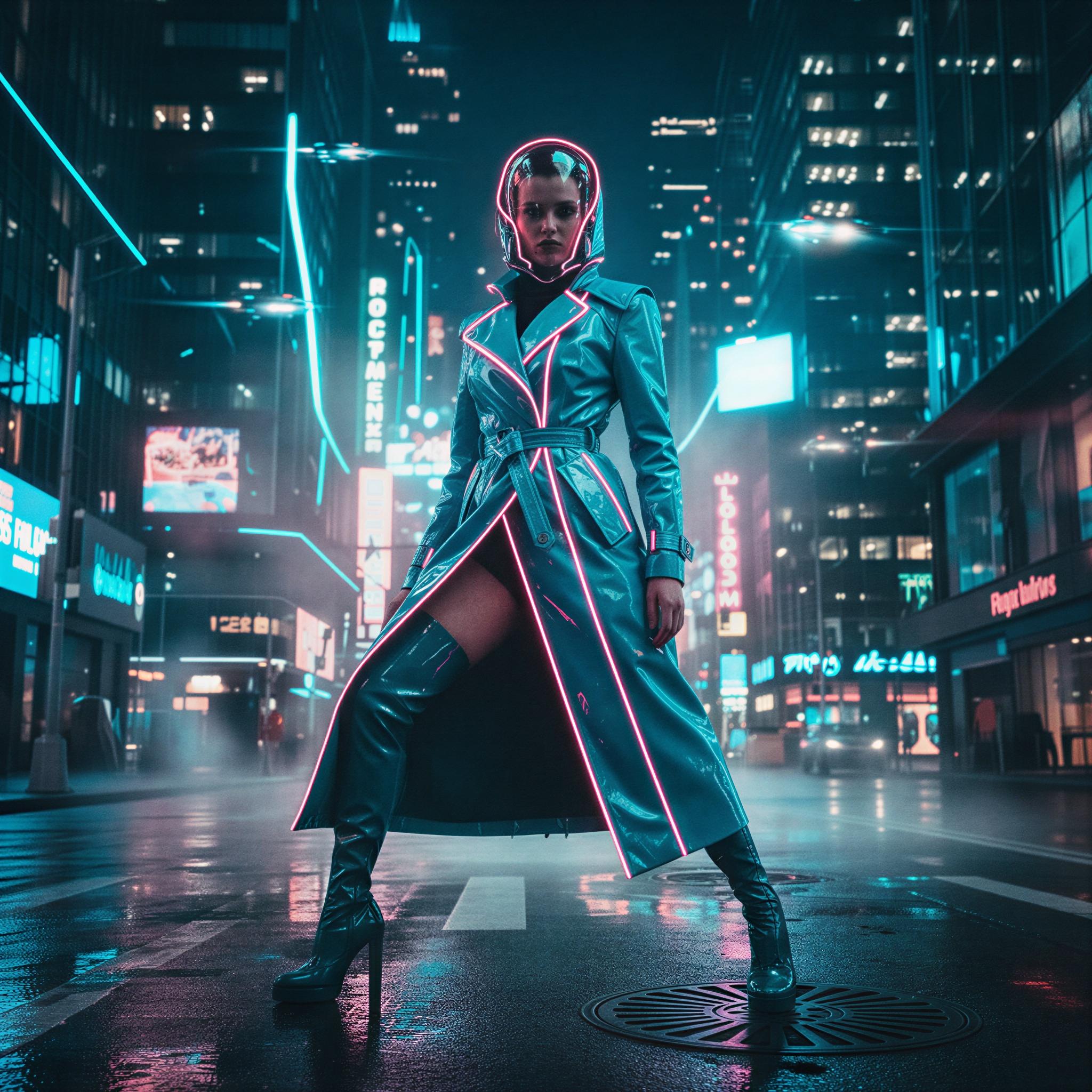 Cyber glamour editorial style, rain-slicked futuristic cityscape reflections, saturated cyan and magenta neon glow, high-gloss vinyl textures, dramatic shadow play, assertive composition, high-fashion techwear influence, intense moody ambiance, Hasselblad medium format quality, Vogue editorial
