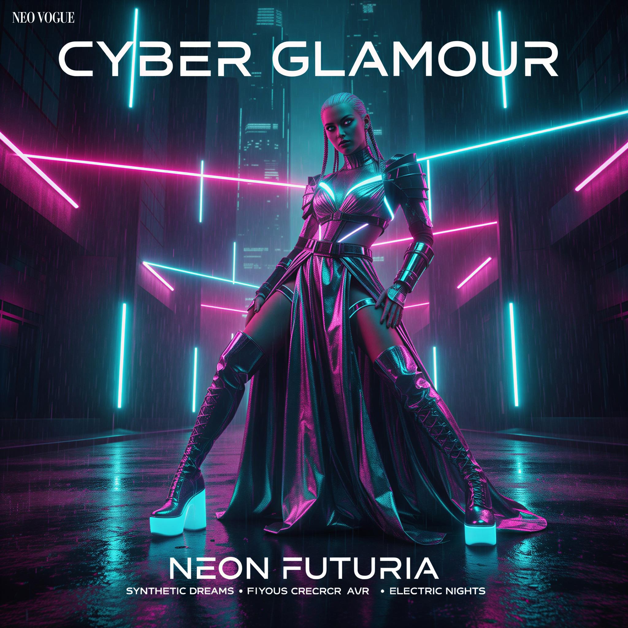 Cyber glamour editorial style, intense volumetric neon lighting reflecting off wet pavement, slick synthetic textures, vibrant magenta and cyan color palette, dynamic high-fashion framing, dramatic chiaroscuro, dystopian chic mood, high-contrast sharpness, futuristic magazine showcase