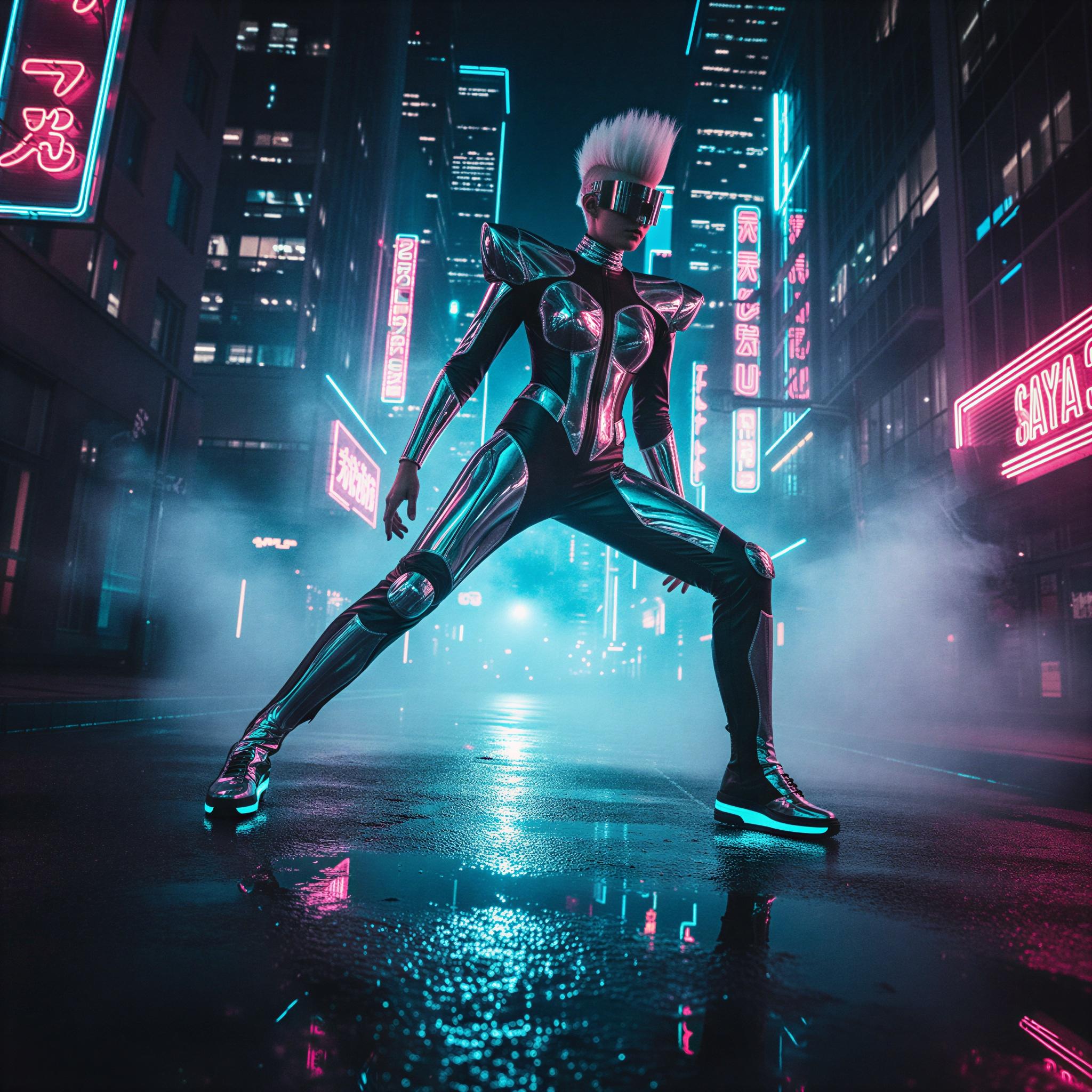 Cyber glamour editorial style, saturated neon reflections on wet pavement, high-contrast dramatic shadows, chrome and patent leather textures, smoky atmosphere, electric magenta and cyan lighting, powerful dynamic composition, sleek futuristic edge, magazine quality fashion shoot