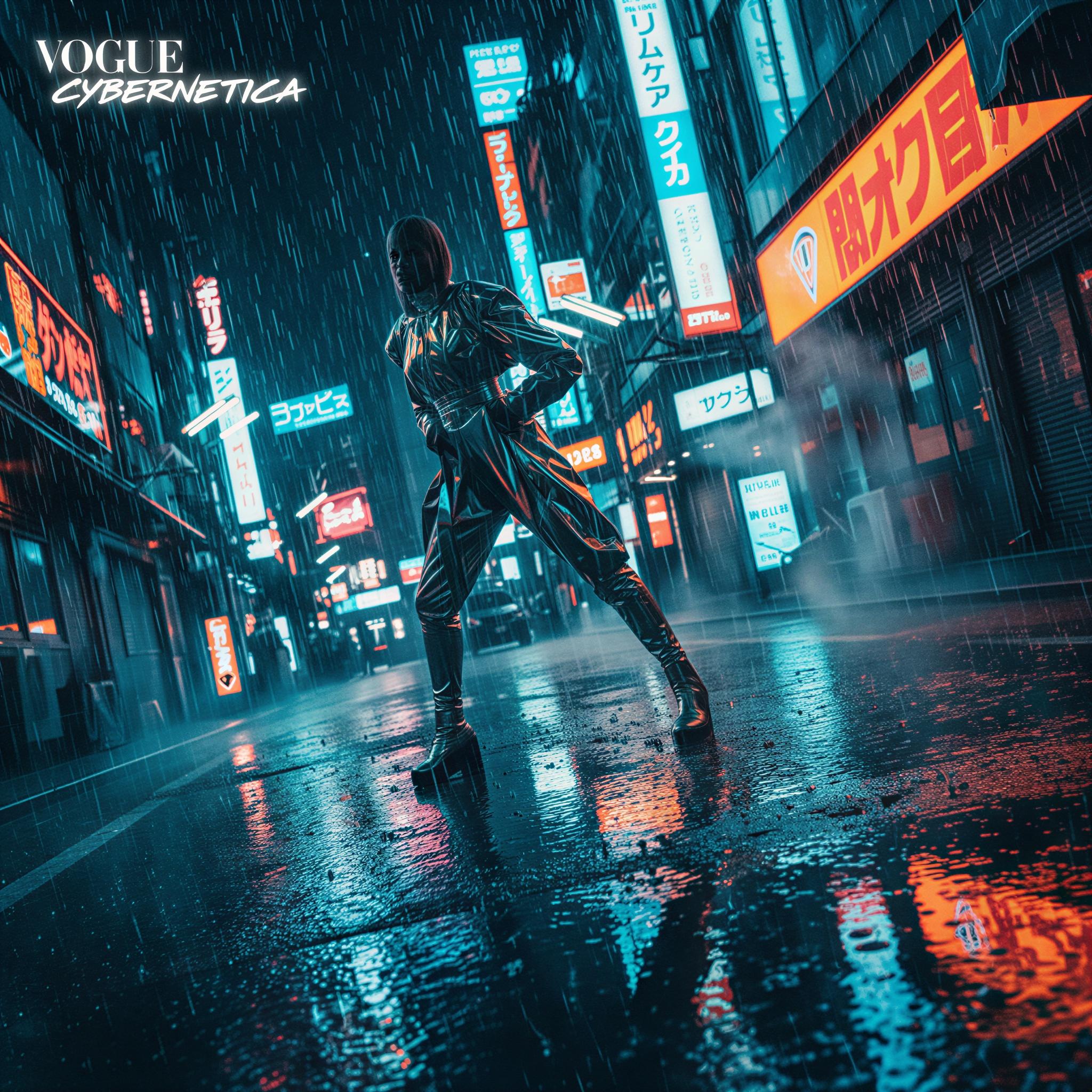 Cyber glamour editorial style, rainy Tokyo nights reflection, vibrant saturated neon signs, wet asphalt texture, high-contrast dramatic lighting, futuristic high-fashion silhouette, deep moody atmosphere, dynamic angular composition, Vogue editorial sharpness, capturing transient electric energy