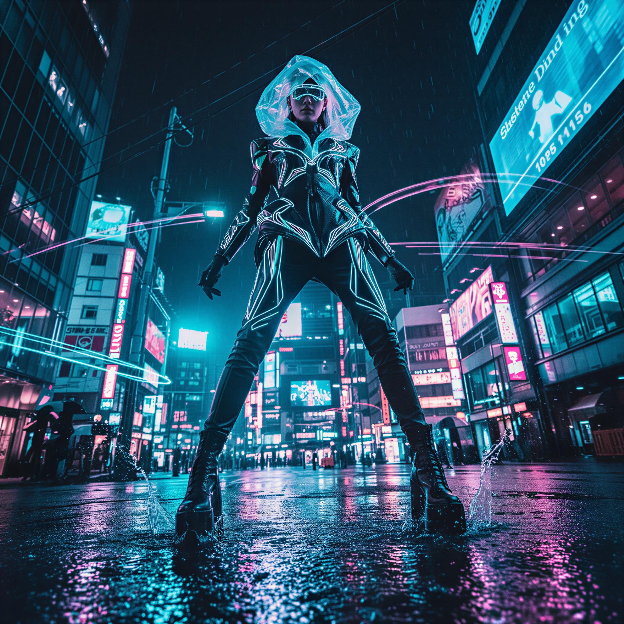 Cyber glamour editorial style, vibrant Tokyo nighttime street, dense vertical composition, saturated cyan and magenta neon reflections on wet pavement, high-fashion avant-garde silhouette, intense mood, dramatic low-angle shot, futuristic sheen texture, Hasselblad medium format quality