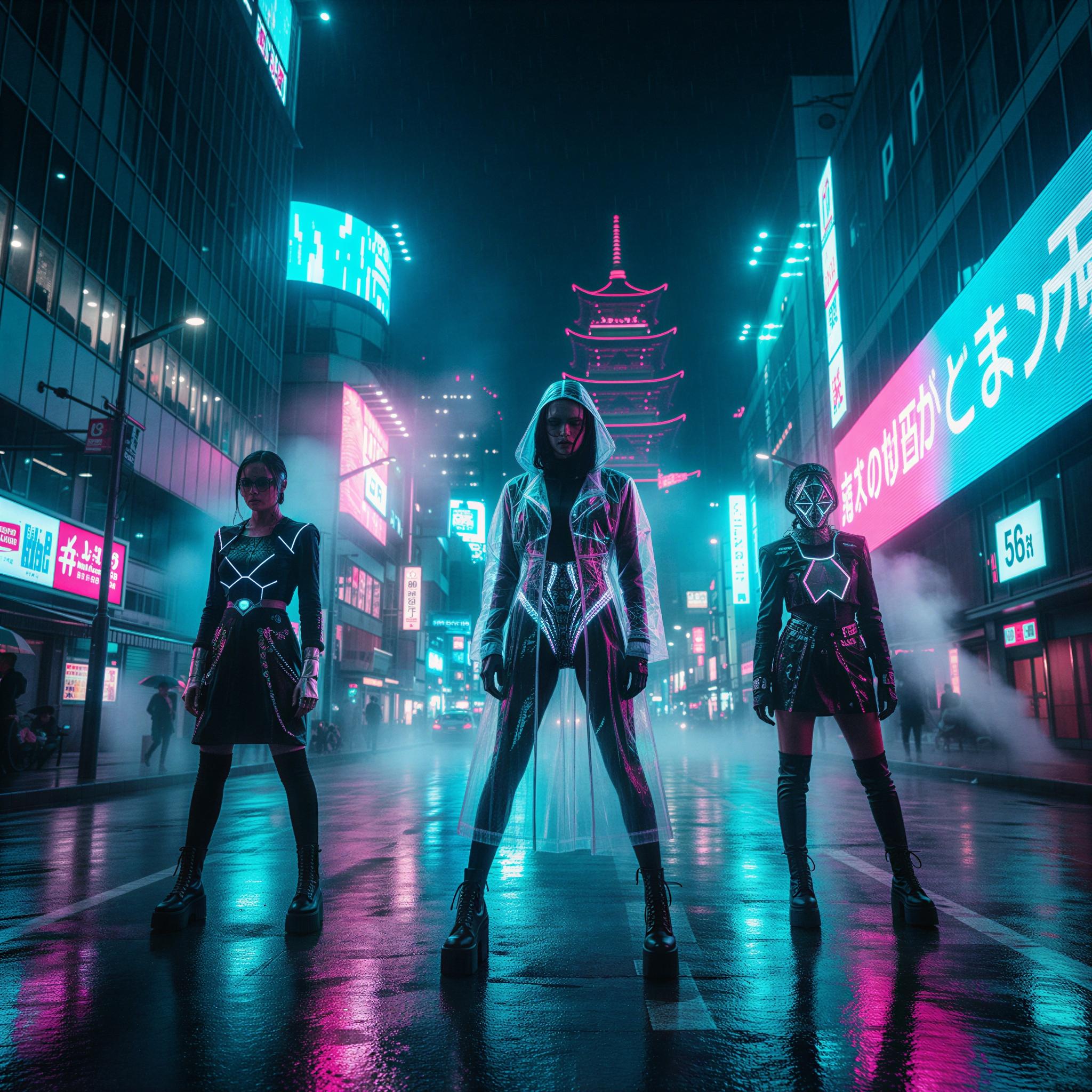 Cyber glamour editorial style, vibrant Tokyo nights setting, saturated cyan and magenta neon reflections, wet asphalt texture, dramatic high-contrast lighting, futuristic street fashion, edgy mood, cinematic wide shot composition, high-gloss finish, magazine quality visual impact