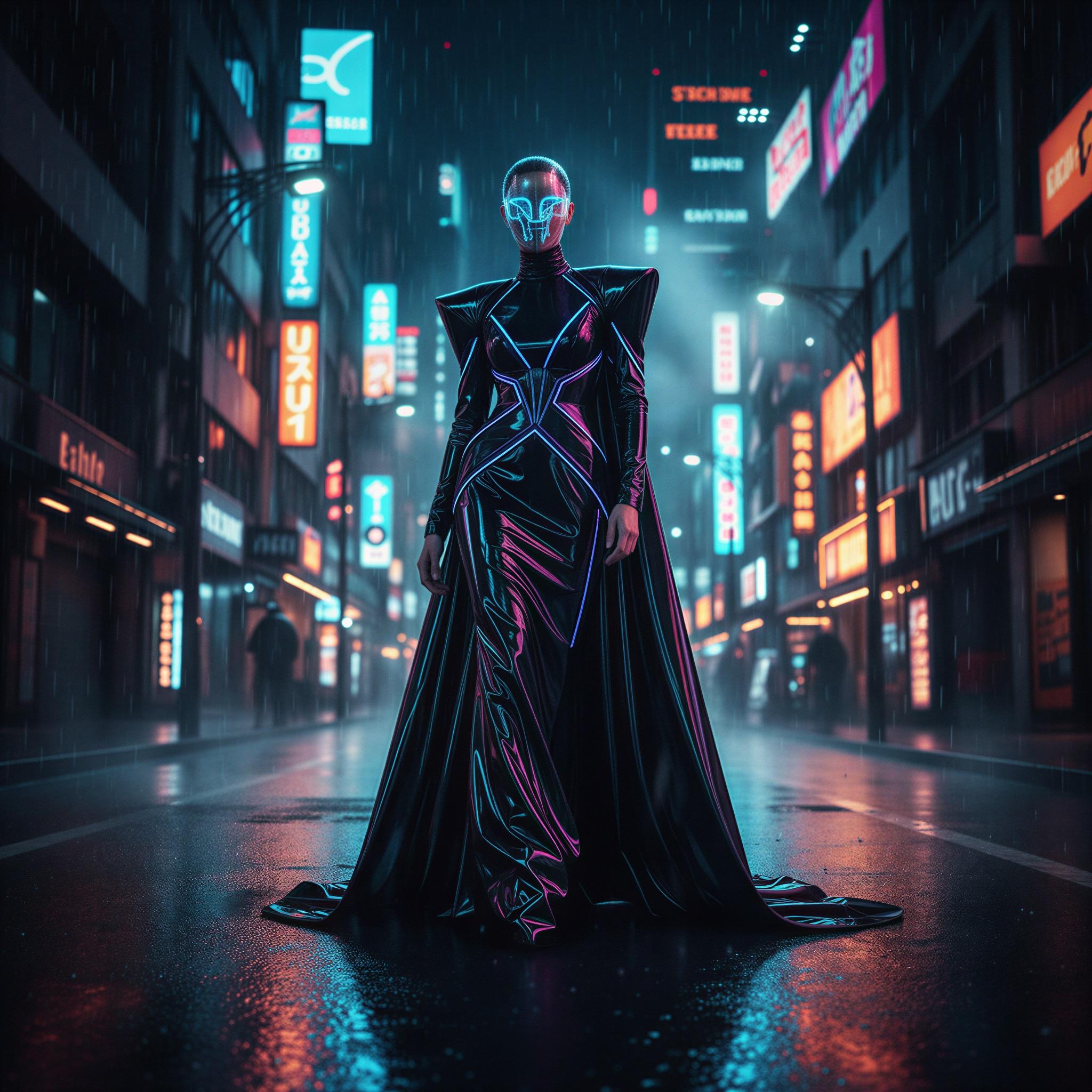 Cyber glamour editorial style, dense Tokyo rain-slicked streets, vibrant saturated neon reflections, high-gloss vinyl textures, futuristic high-fashion silhouette, deep shadows contrast, moody cinematic atmosphere, dramatic low-angle framing, high-resolution editorial photography
