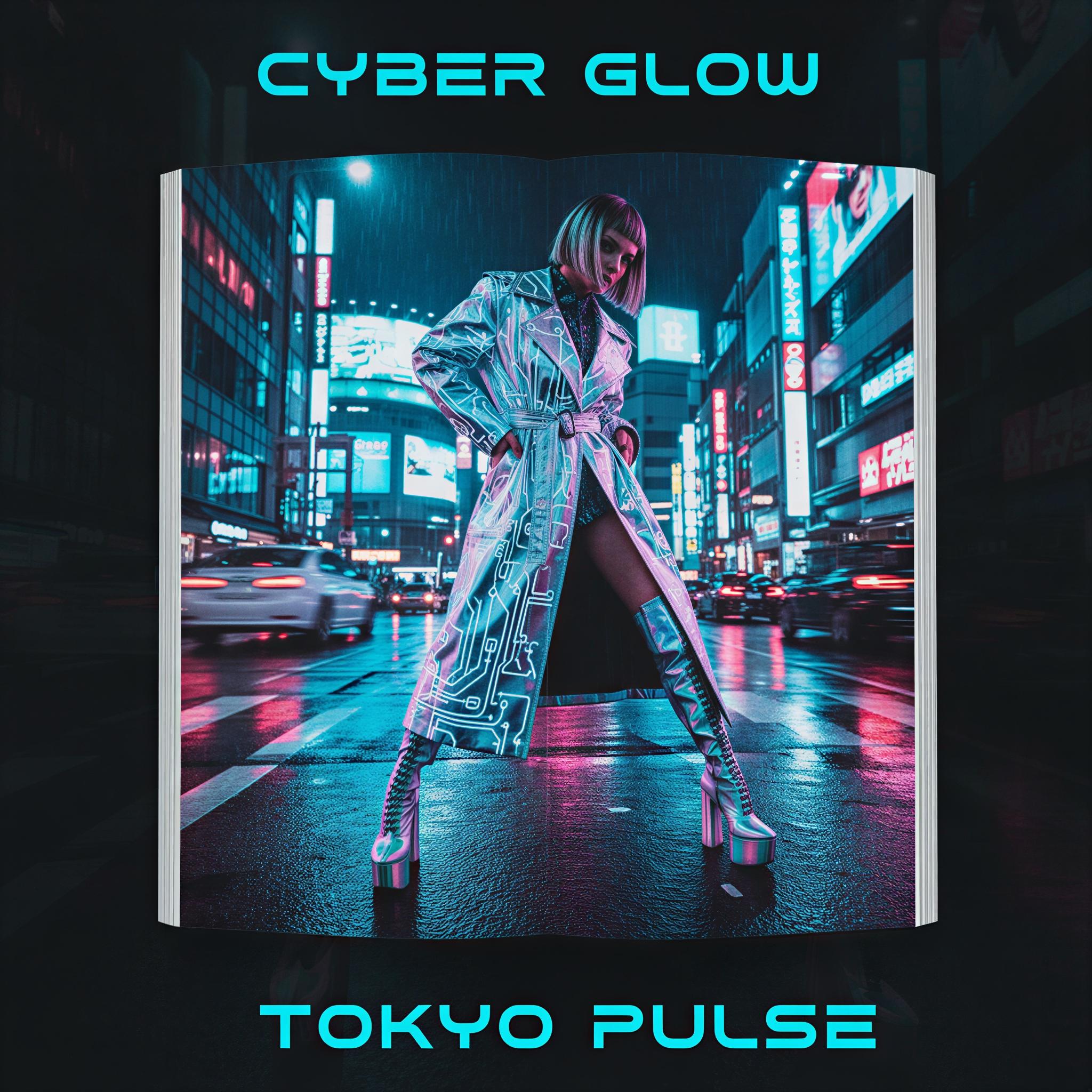 Cyber glamour editorial style, high-speed Tokyo nights setting, saturated cyan and magenta neon reflections, slick wet asphalt texture, high-contrast rim lighting, dynamic motion blur effect, futuristic street style editorial, intense urban energy, high-fashion composition, magazine quality visual impact