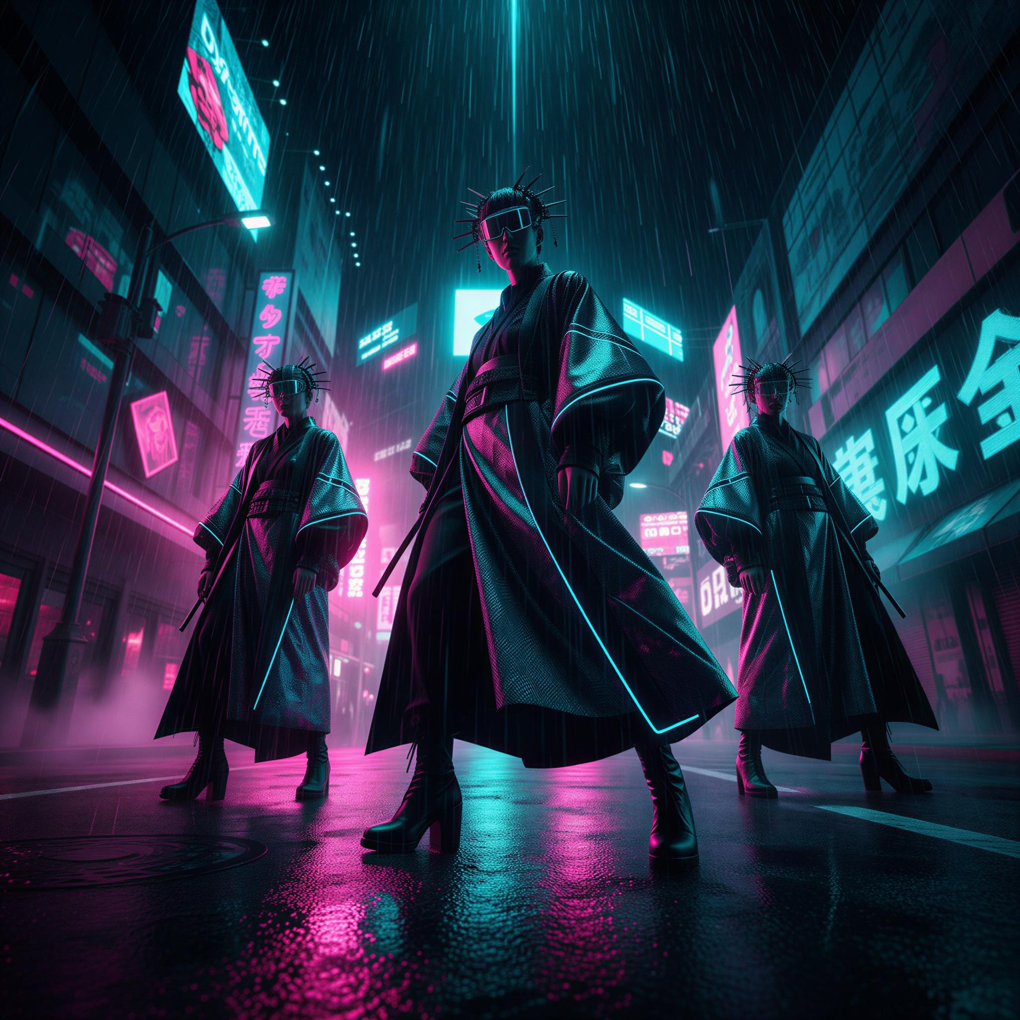 Cyber glamour editorial style, rainy Tokyo nights setting, intense saturated magenta and cyan neon reflections, high-contrast chiaroscuro lighting, wet asphalt texture, futuristic Japanese streetwear silhouettes, dramatic low-angle composition, high fashion editorial standard, intense moody atmosphere