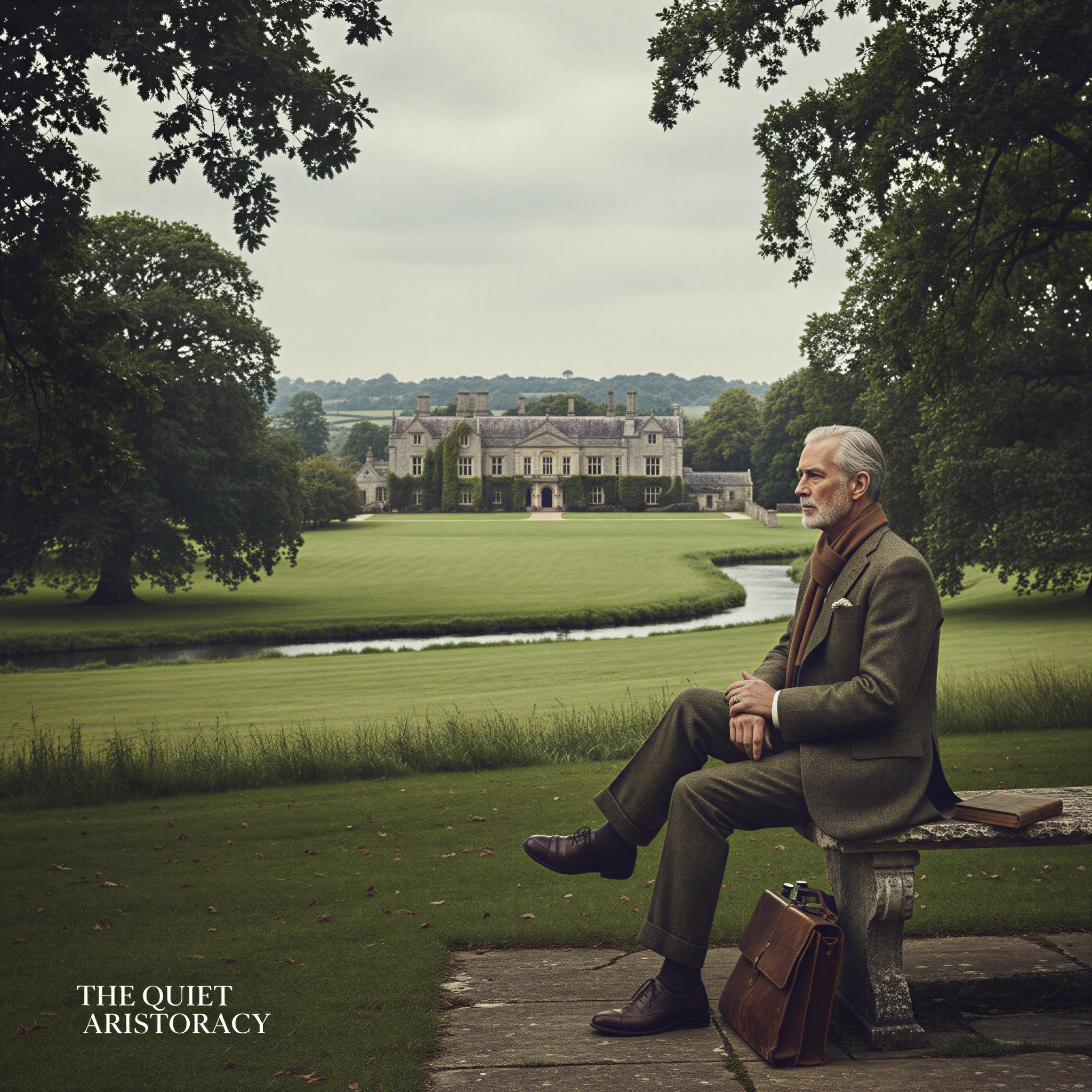 Old money aesthetic editorial style, sprawling English country estate grounds, tweed textures, muted earth tones, overcast diffused natural light, quiet contemplation, aristocratic heritage, subtle luxury details, wide landscape composition, sophisticated vintage realism, magazine quality timeless portraiture