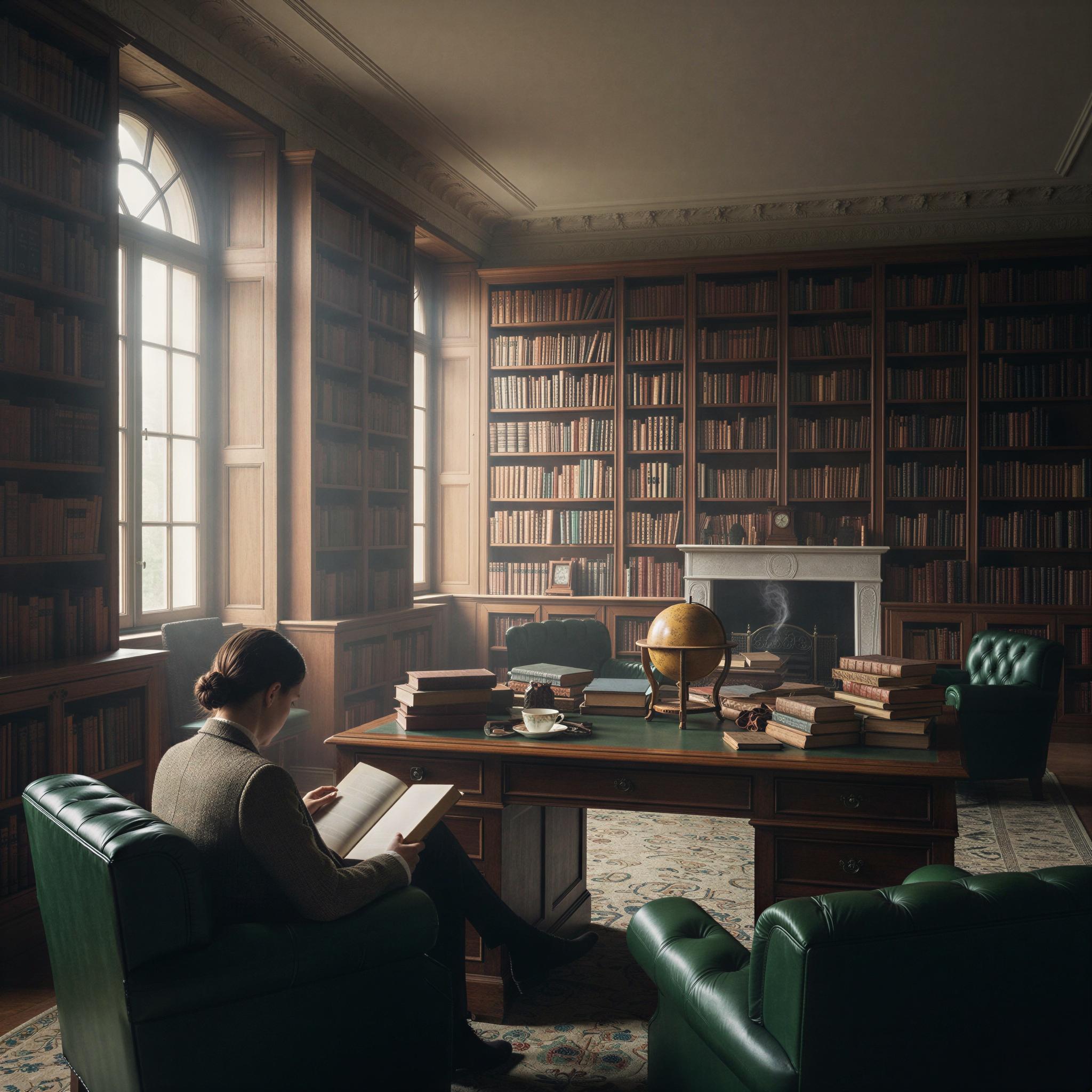 Old money aesthetic photography, secluded mahogany library study, deep emerald green leather, diffused window light illuminating dust motes, tweed textures, intellectual solitude, subtle chiaroscuro, rich academic atmosphere, classic European interior design, refined muted tones, Vogue editorial style, magazine quality