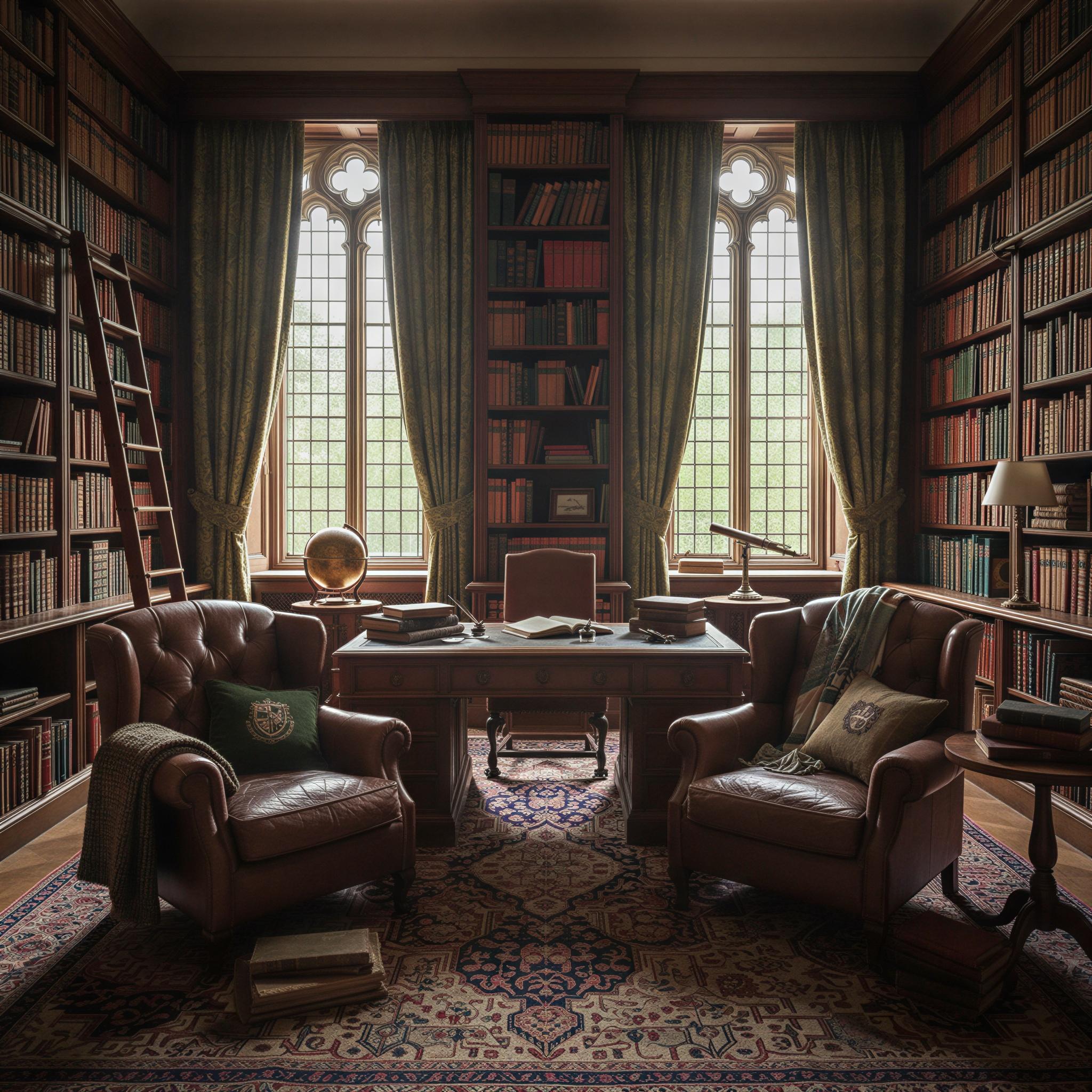 Old money aesthetic editorial style, private mahogany library interior, deep leather armchairs, dusty sunbeams piercing through tall arched windows, rich dark academia tones, quiet intellectual solitude, refined textile textures, classic collegiate ambiance, symmetry composition, high-resolution professional clarity
