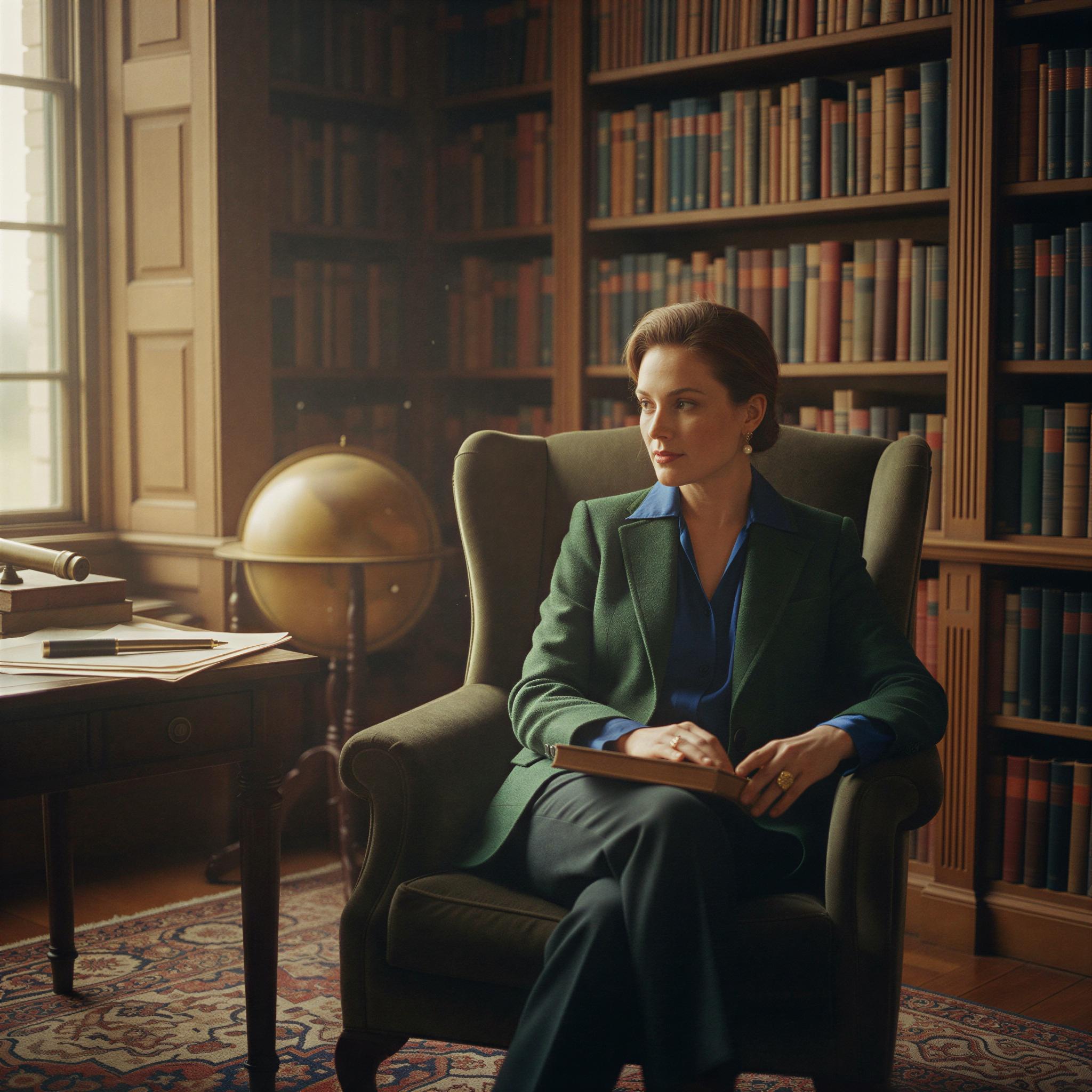 Old money aesthetic editorial style, intimate mahogany library study, leather-bound books, deep jewel tones, soft window light illuminating dust motes, sophisticated quiet contemplation, heritage tweed textures, analog photography fidelity, aristocratic mood, classic portrait composition, Vogue quality visual narrative