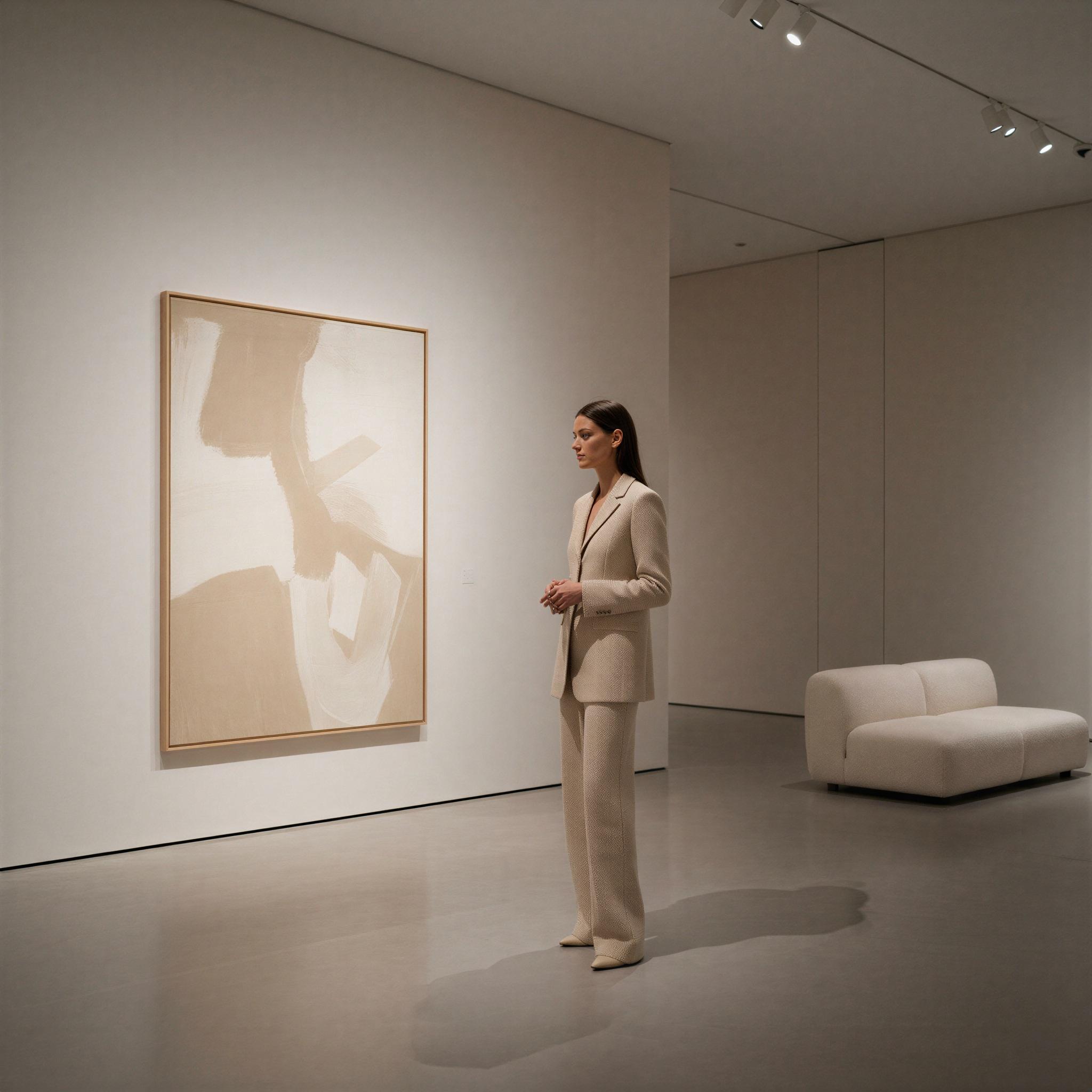 Quiet luxury aesthetic photography, minimalist modern art gallery setting, soft directional spotlighting, muted beige and cream color palette, cashmere textures, focus on impeccable tailoring and subtle branding, serene contemplative mood, elevated subtlety, Architectural Digest editorial style, high resolution, precise composition.