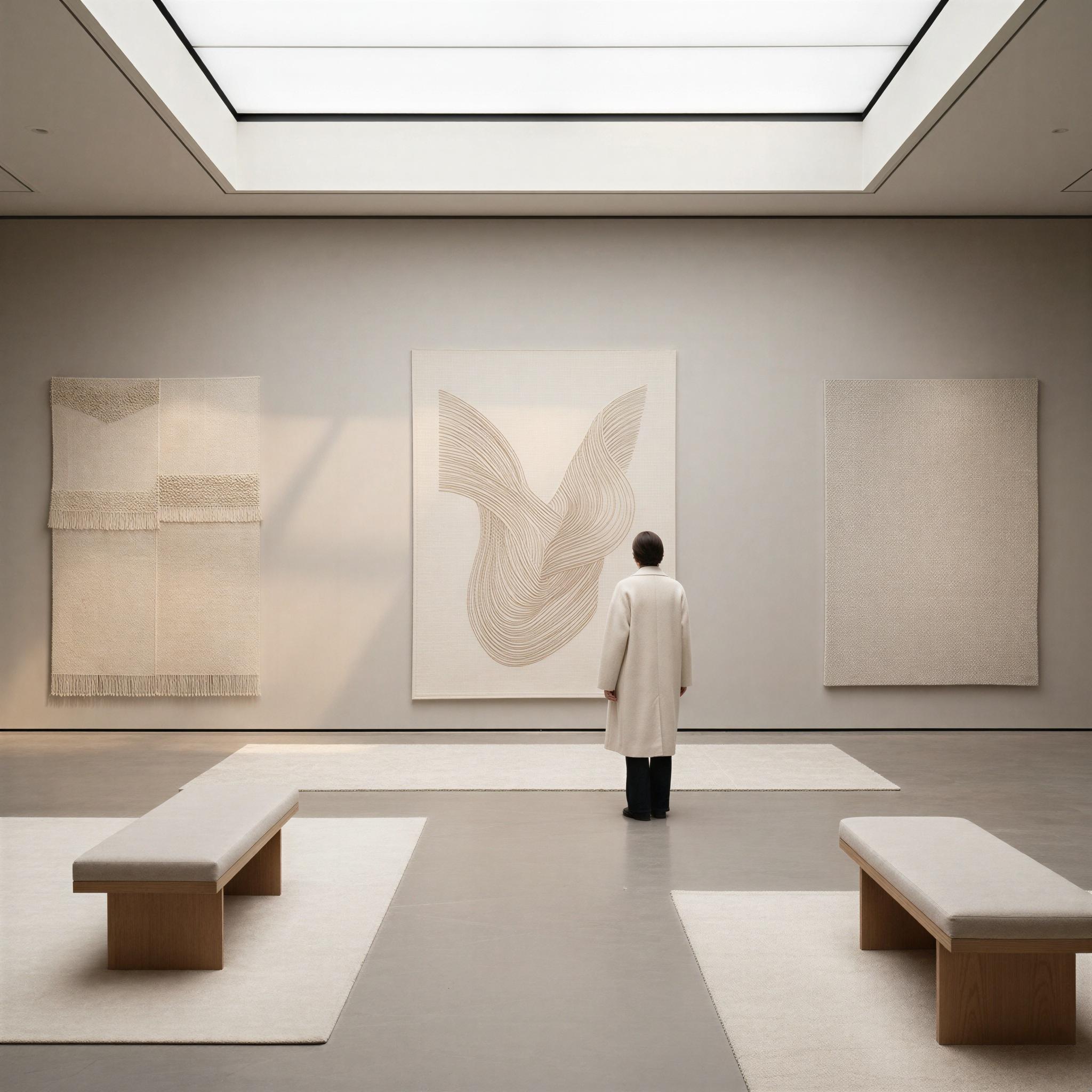 Quiet luxury aesthetic photography, minimalist modern art gallery, diffused soft natural light, muted beige and cream color palette, cashmere texture focus, sophisticated serenity, contemplative mood, Architectural Digest framing, elevated subtle details, high-end timeless composure, magazine quality editorial