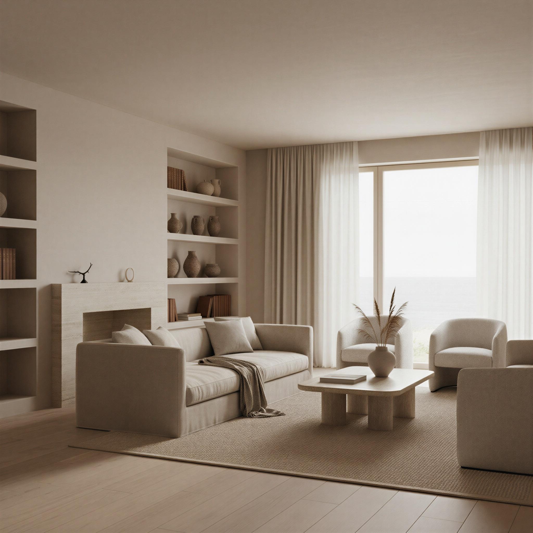 Quiet luxury aesthetic photography, minimalist coastal villa interior, soft diffused natural light, texture of cream linen and raw silk, muted beige and ivory palette, serene contemplative mood, understated wealth, refined simplicity, architectural digest quality, clean lines, high-end contemporary staging