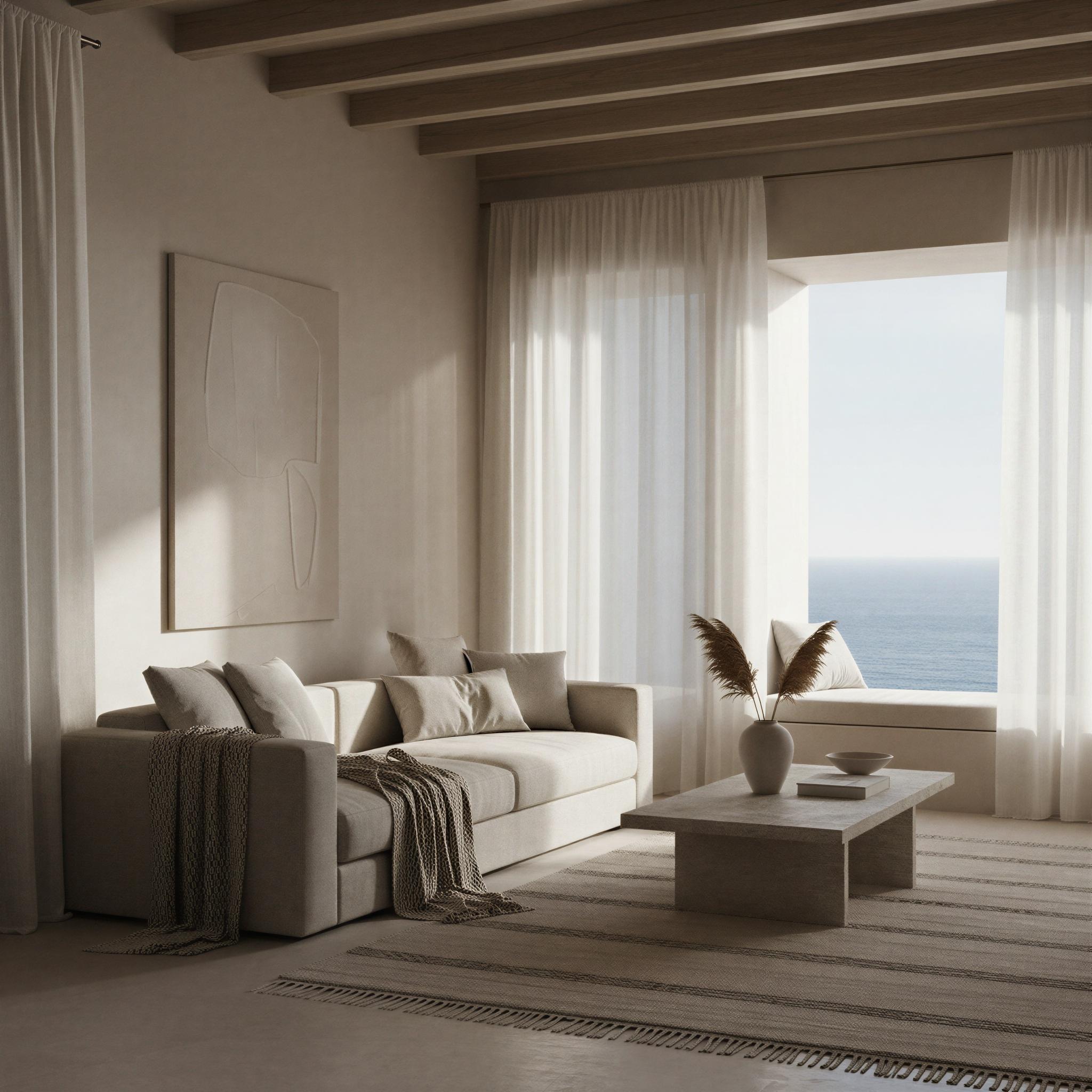 Quiet luxury aesthetic photography, minimalist coastal villa interior, soft diffused natural light through sheer linen curtains, muted taupe and cream palette, cashmere textures, architectural simplicity, serene contemplative mood, emphasis on craftsmanship and quiet wealth, editorial composition, high resolution, Vogue showcase quality
