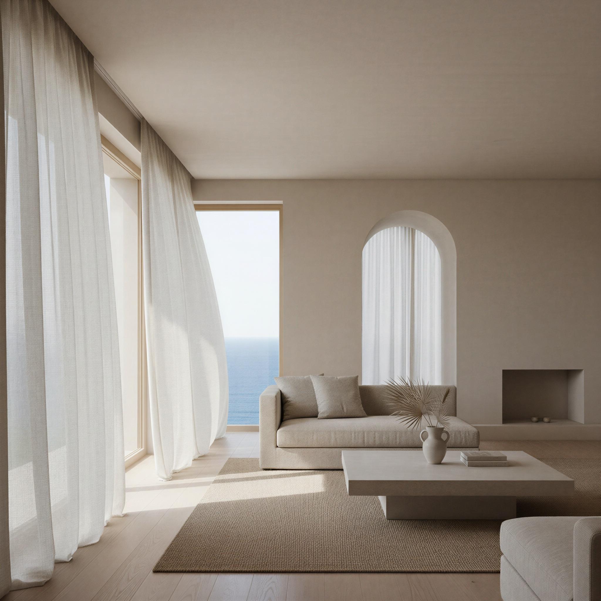 Quiet luxury aesthetic photography, minimalist coastal villa interior, sheer linen textures, soft diffused natural light, muted beige and cream palette, serene sophisticated atmosphere, Italian Riviera inspiration, architectural focus, understated elegance, high-end editorial quality, clean composition.