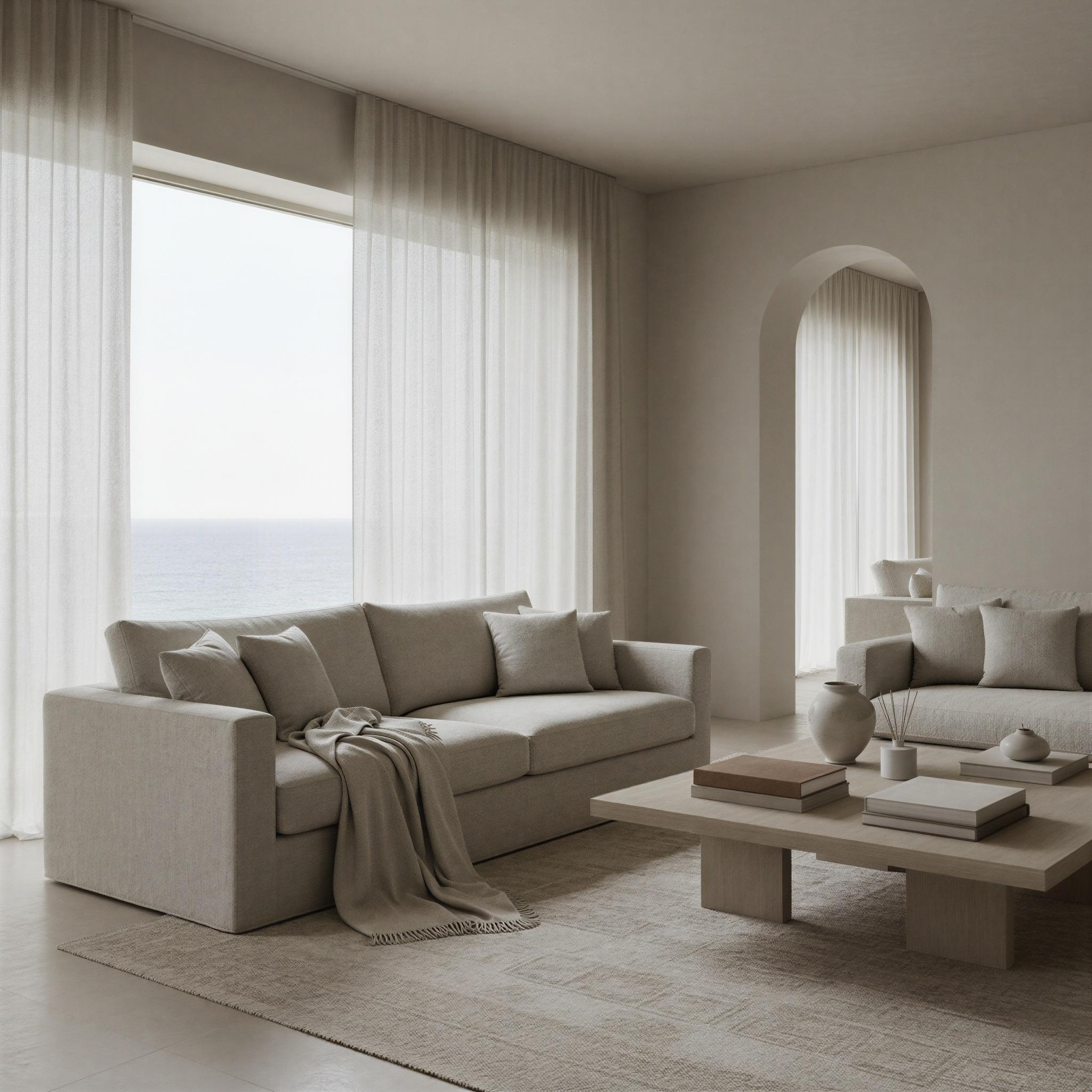 Quiet luxury aesthetic photography, minimalist coastal villa interior, diffused natural daylight, linen textures, muted beige and cream palette, serene atmosphere, understated wealth display, architectural digest quality, clean composition, timeless sophisticated tranquility, cashmere drape detail
