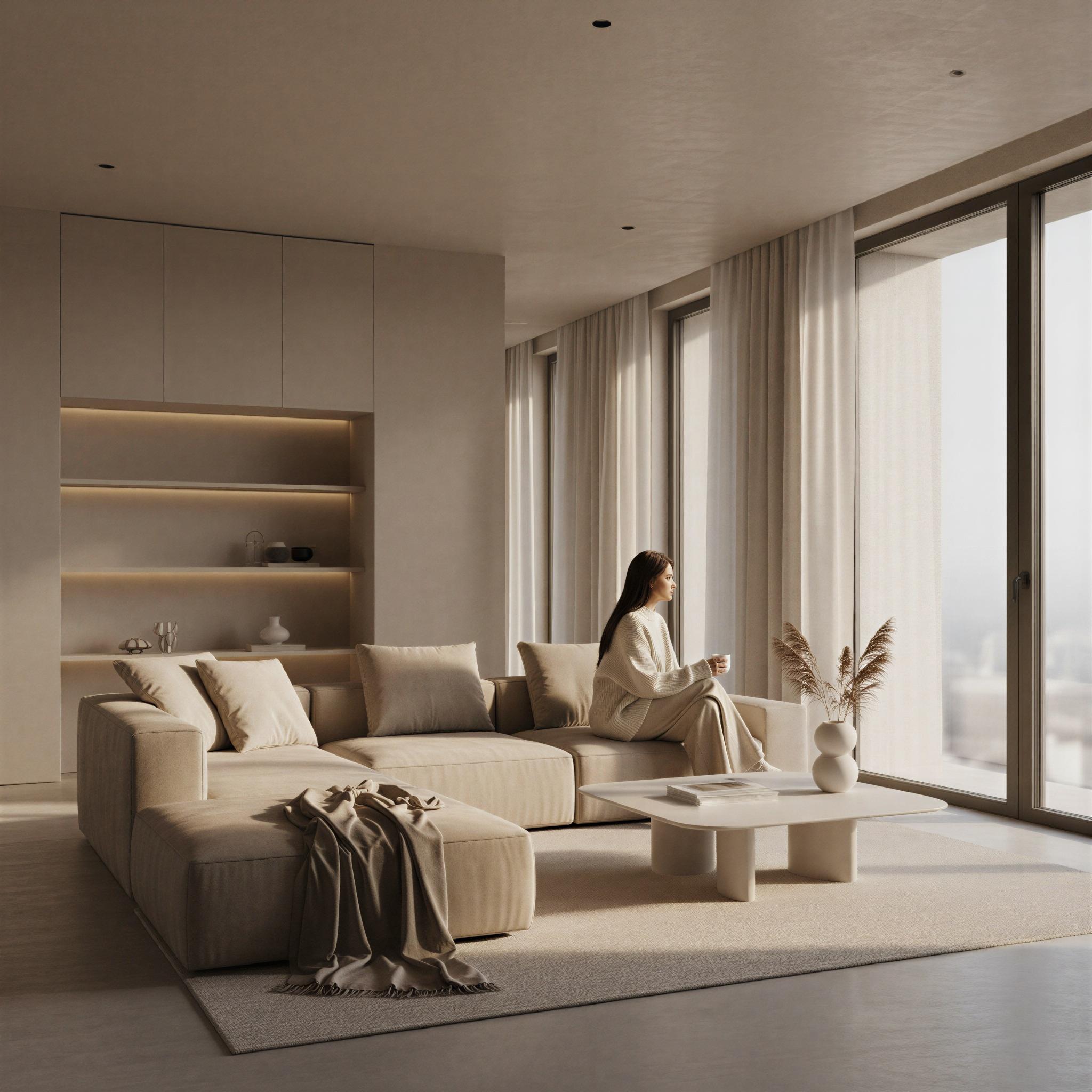 Quiet luxury aesthetic photography, sun-drenched minimalist penthouse interior, cashmere textures, muted beige and cream palette, soft diffused natural light, serene contemplative mood, architectural precision, understated refinement, elevated neutral tones, editorial composition, high-end fashion showcase quality