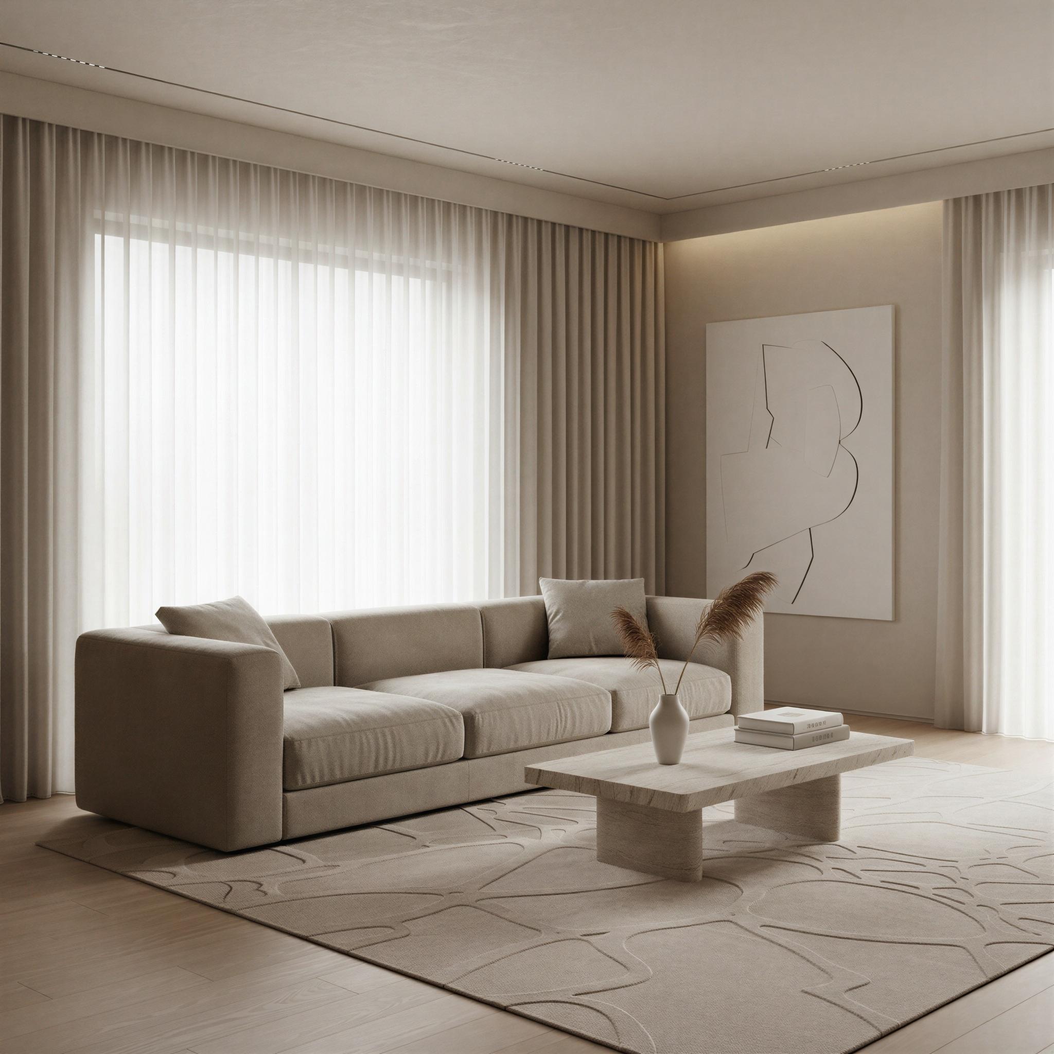 Quiet luxury aesthetic photography, minimalist penthouse interior, muted beige and cream palette, soft diffused natural light, cashmere textures, focus on craftsmanship and silhouette, serene and aspirational mood, architectural clean lines, high-end editorial composition, understated wealth presentation, magazine quality subtlety