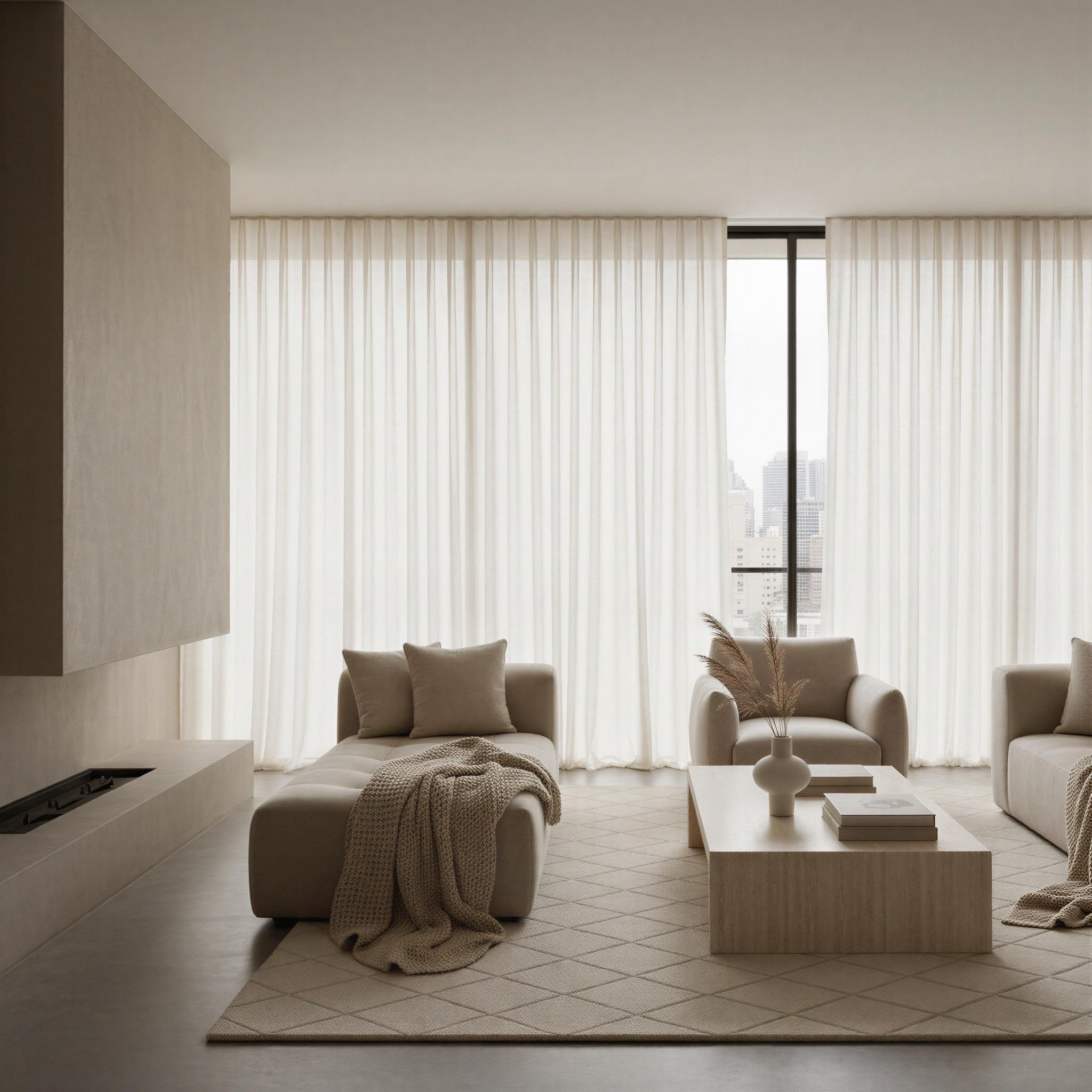 Quiet luxury aesthetic photography, minimalist penthouse interior, muted beige and ivory palette, diffused natural light through sheer curtains, expensive cashmere textures, serene and sophisticated atmosphere, architectural focus, understated elegance, extremely high detail, magazine quality editorial composition