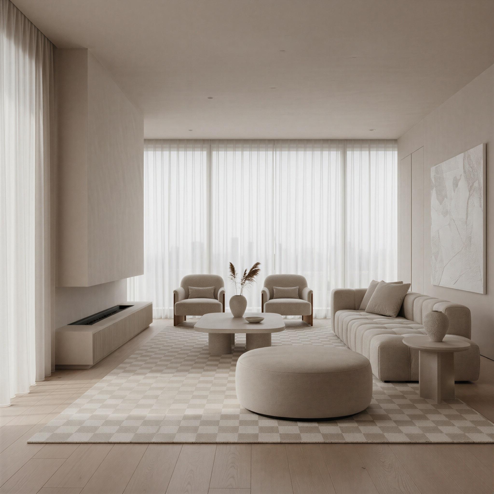 Quiet luxury aesthetic photography, minimalist penthouse interior, muted cashmere textures, soft diffused natural light filtering through sheer curtains, serene and calm atmosphere, tonal beige and cream palette, architectural simplicity, understated wealth, high-end editorial framing, immaculate detail, magazine quality sophistication