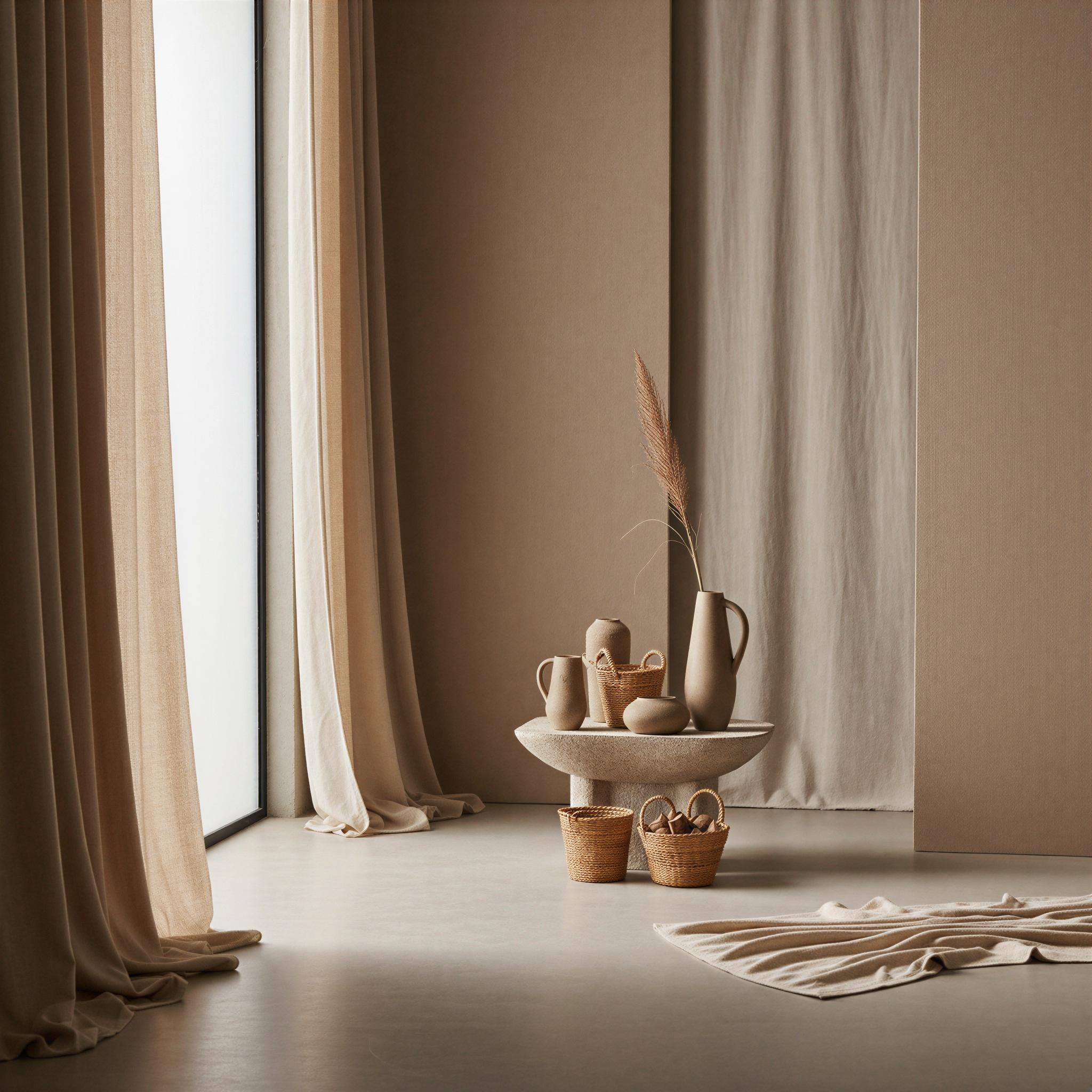 Quiet luxury aesthetic photography, minimalist neutral studio setting, textural beige and cream fabrics, soft diffused window light, artisanal craftsmanship focus, understated refinement, serene and contemplative mood, perfect symmetry composition, elevated simplicity, cashmere texture, magazine quality high-end editorial
