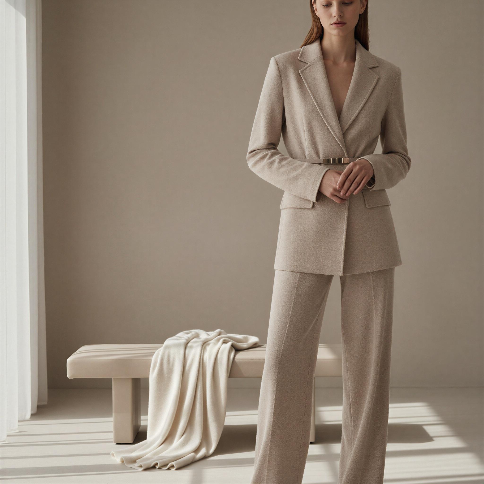 Quiet luxury aesthetic photography, minimalist neutral studio setting, soft diffused daylight, cashmere textures, tonal beige and cream palette, understated elegance, serene contemplative mood, focus on impeccable tailoring and subtle hardware, clean lines, timeless sophistication, high-end editorial composition, magazine quality visual quietude