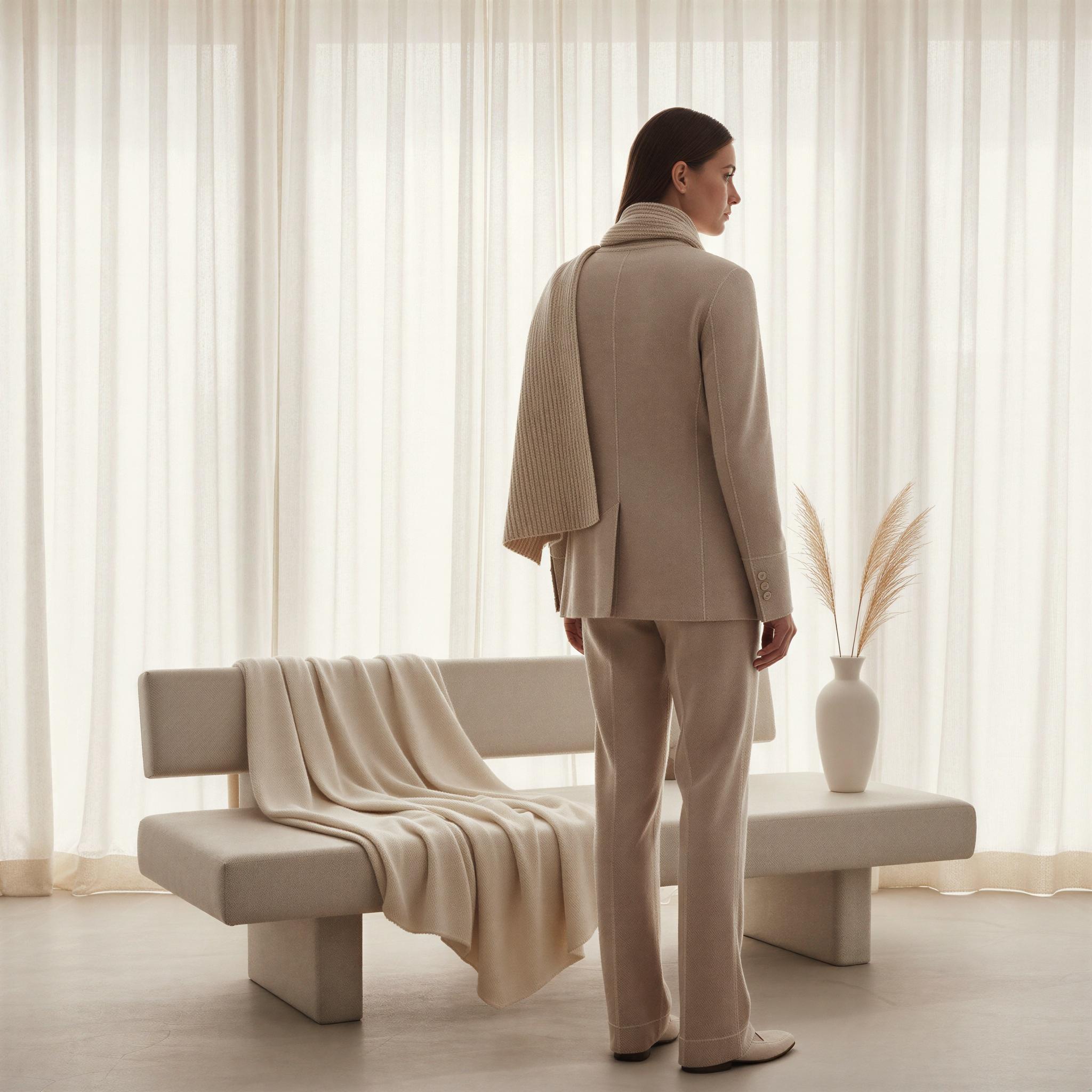 Quiet luxury aesthetic photography, minimalist neutral studio, soft diffused daylight through sheer curtains, rich cashmere textures, muted beige and ivory palette, subtle tailoring details, serene and sophisticated mood, editorial precision framing, understated elegance, high-end minimalism, magazine quality art direction