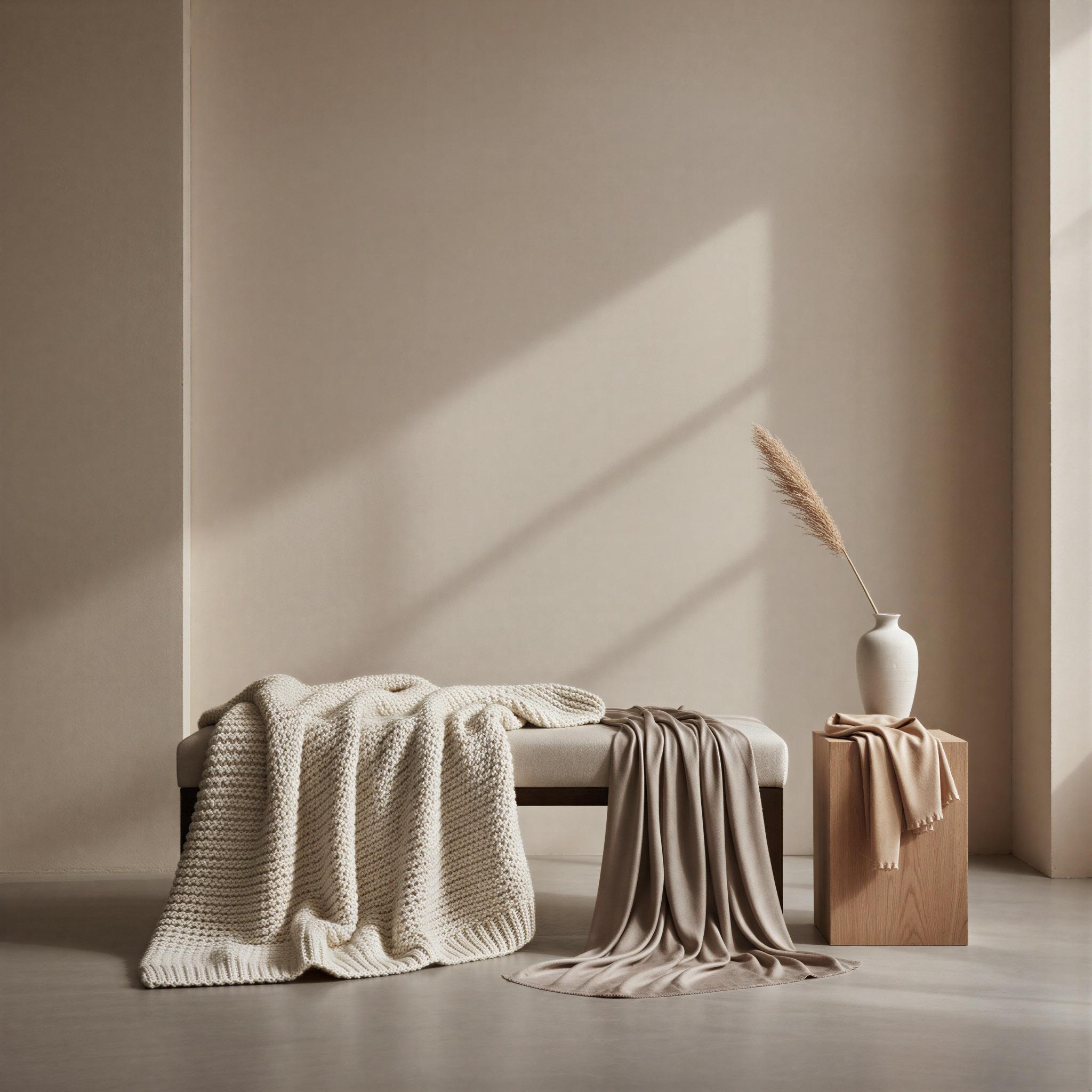 Quiet luxury aesthetic photography, minimalist neutral studio setting, soft diffused natural light, creamy beige and taupe palette, exquisite texture focus on fine wool and silk, serene sophisticated mood, elevated quiet composition, editorial perfection, understated wealth presentation, timeless elegance editorial