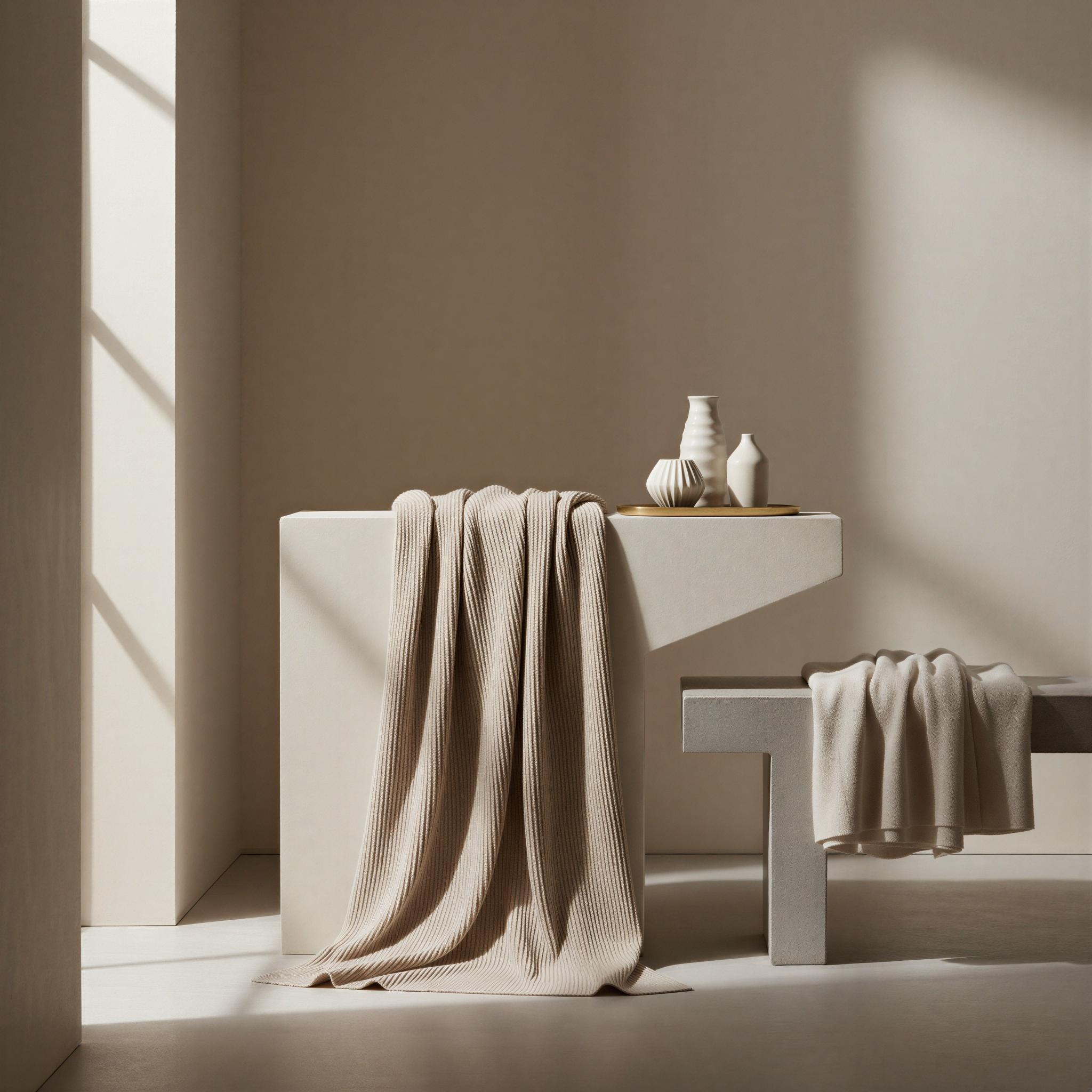 Quiet luxury aesthetic photography, minimalist neutral studio setting, soft directional natural light, cashmere textures, muted beige and cream palette, elevated simplicity, architectural lines, understated opulence, clean composition, editorial focus on material quality, timeless refined elegance