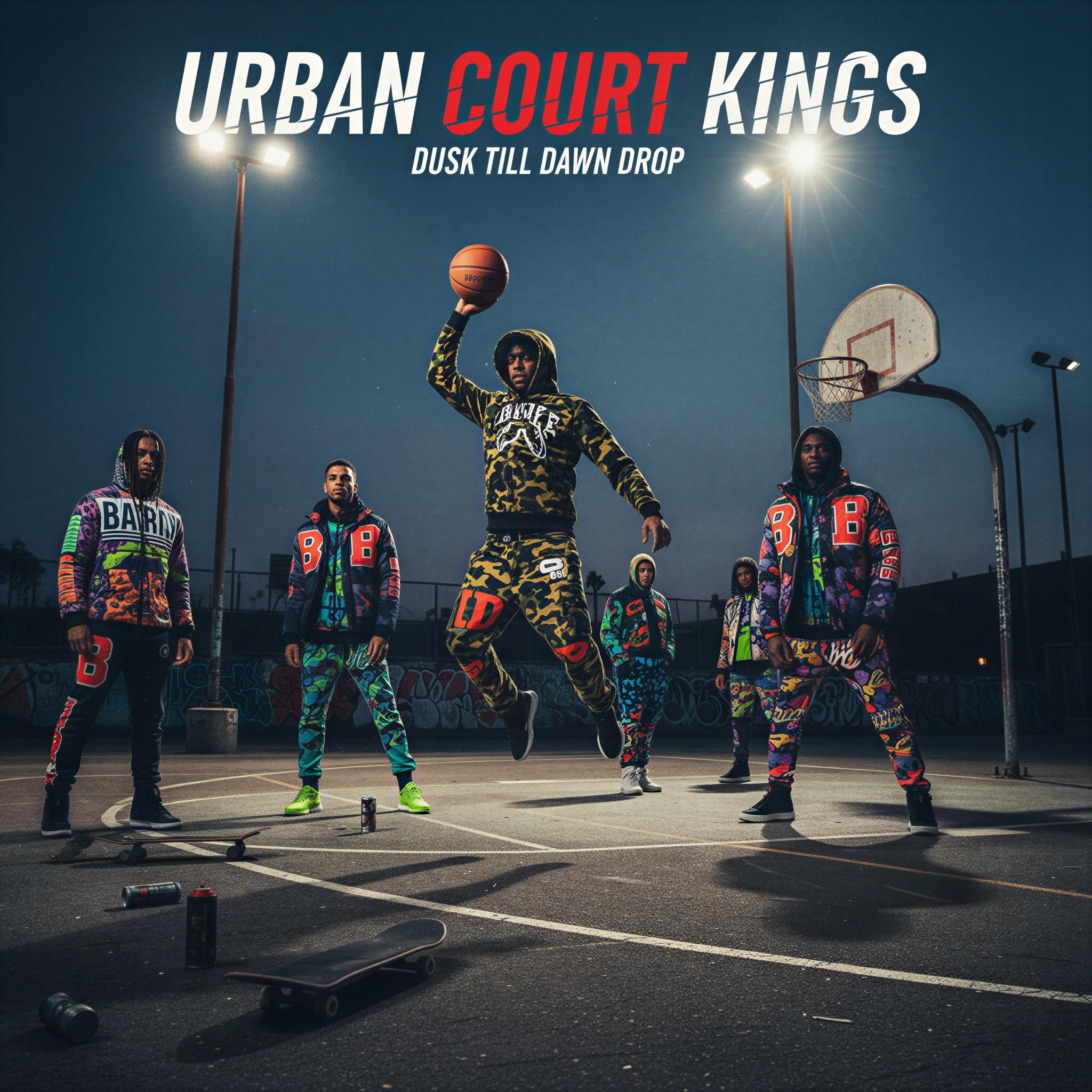 Streetwear editorial style photography, gritty urban basketball court at dusk, harsh overhead floodlights contrasting deep shadows, vibrant graphic streetwear textures, dynamic low-angle composition, high-fashion athleisure focus, BAPE/Supreme inspired energy, bold and energetic mood, magazine quality urban documentation