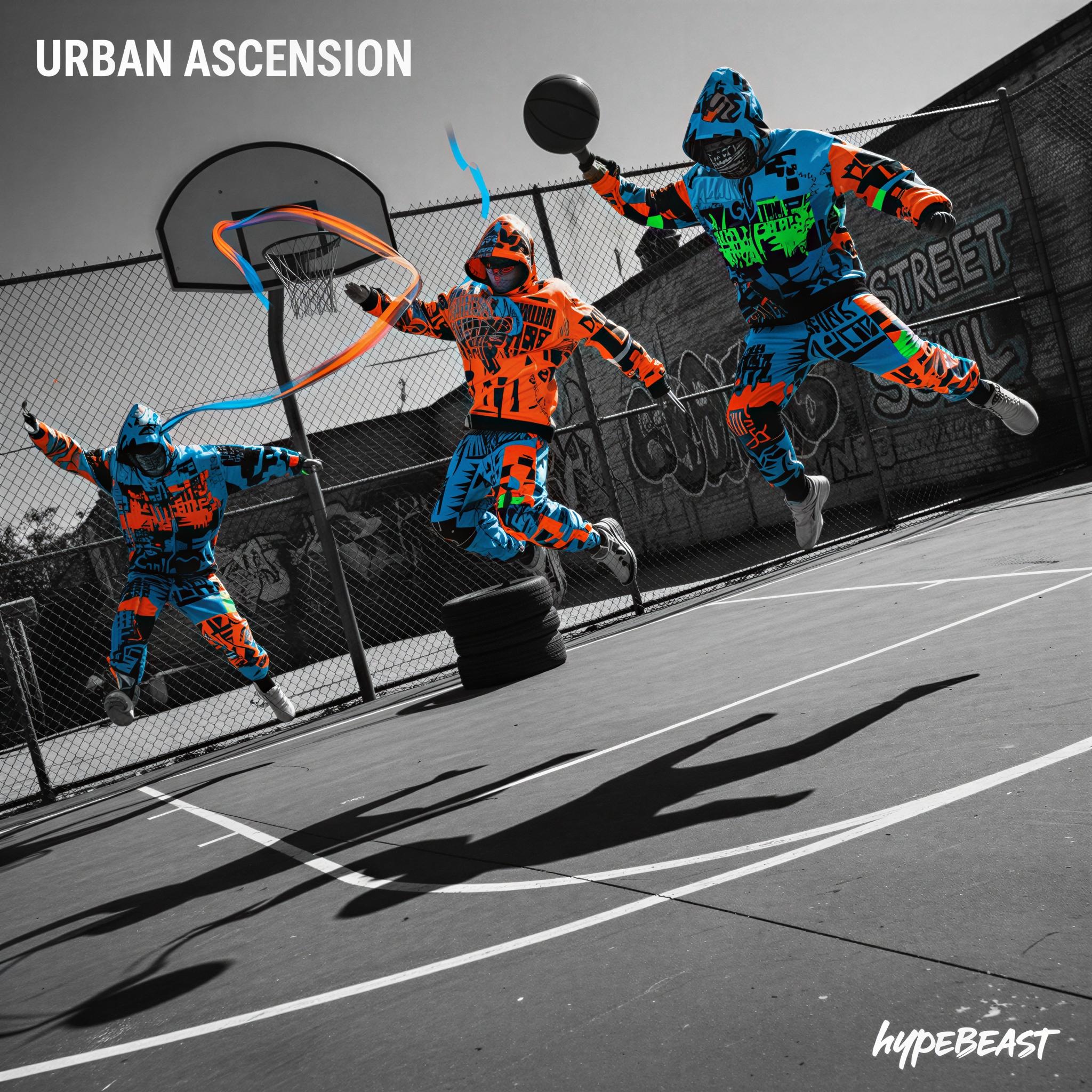 Streetwear editorial style photography, gritty urban basketball court, stark midday sunlight creating harsh shadows, vibrant graphic textiles, oversized silhouettes, dynamic motion capture, high-contrast black and white tones with selective color pop, bold graphic composition, Hypebeast fashion spread, magazine quality editorial