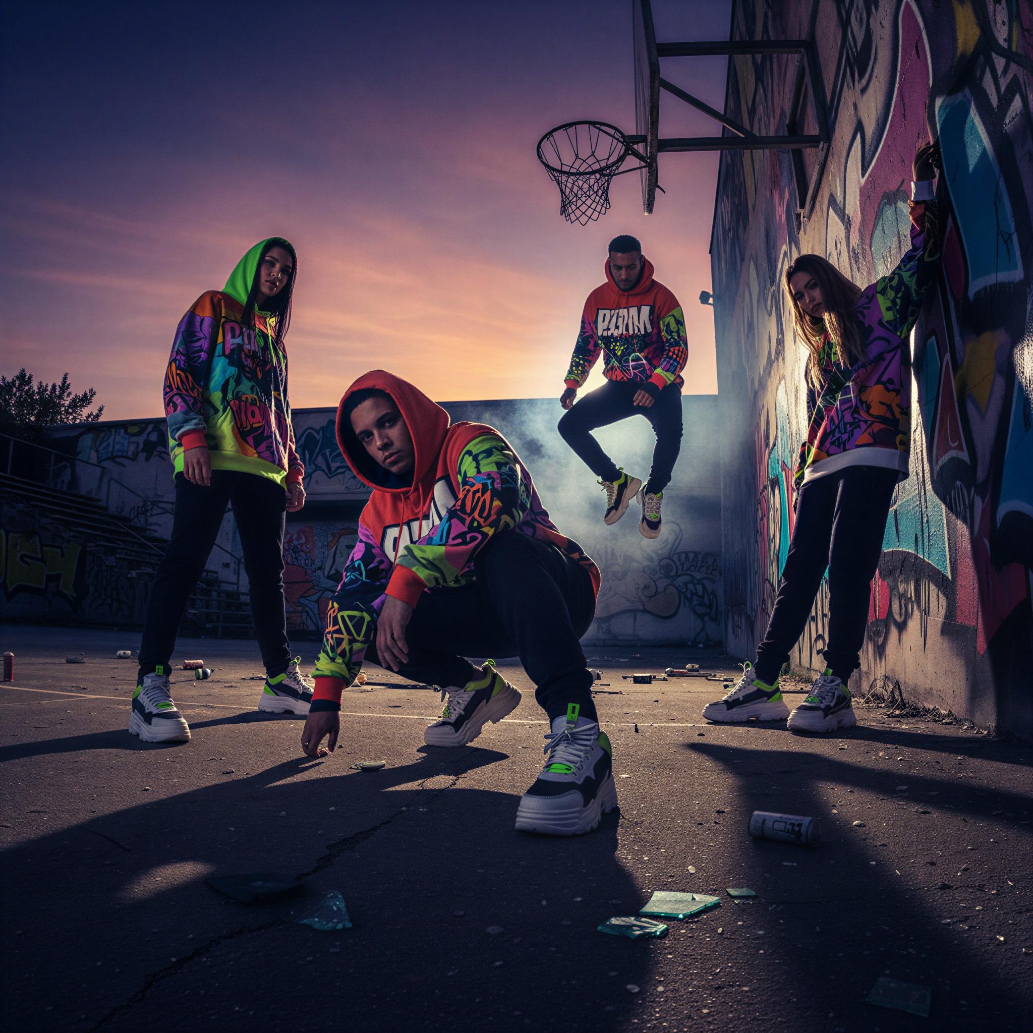Streetwear editorial style photography, abandoned urban basketball court at dusk, high-contrast dramatic shadows, vibrant graphic hoodies and chunky sneakers, graffiti backdrop textures, aggressive wide-angle low-shot composition, hip-hop culture influence, raw energy, editorial fashion spread quality