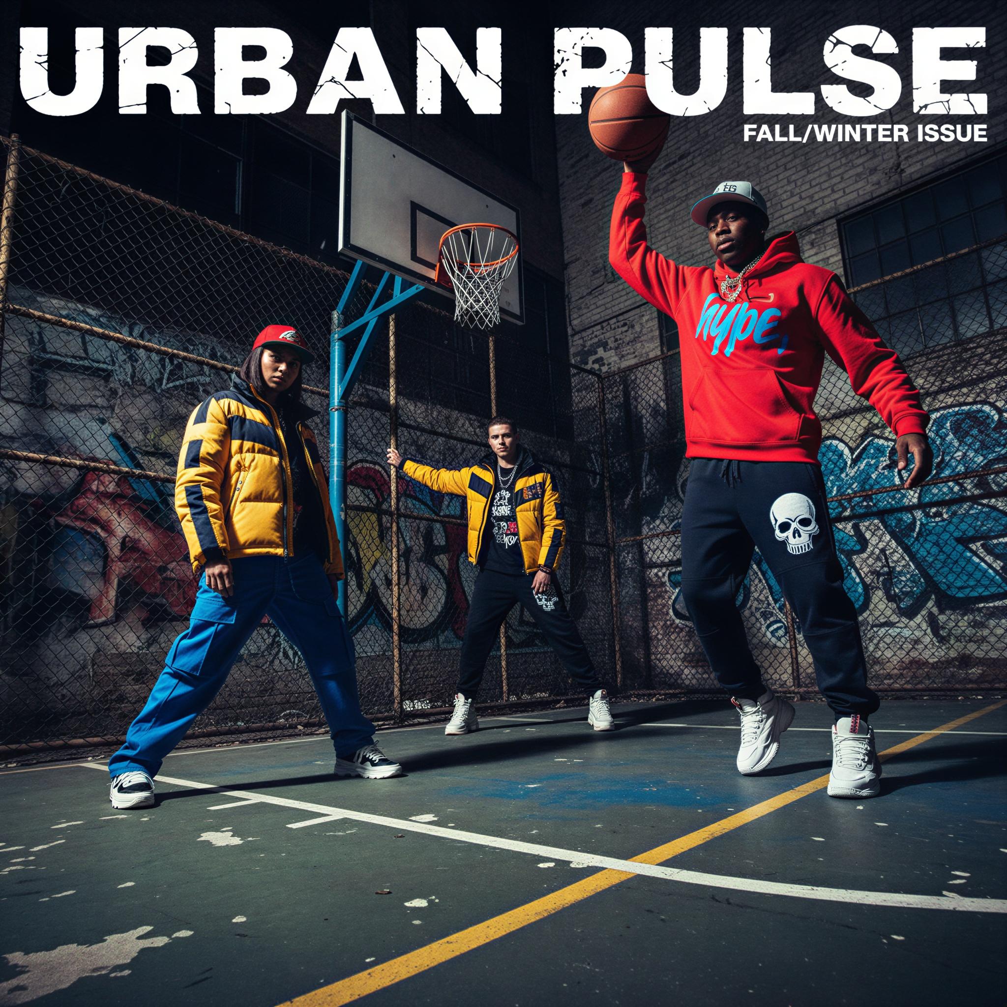Streetwear editorial style photography, gritty urban basketball court setting, dramatic high-contrast lighting, saturated primary colors, bold graphic prints, oversized silhouettes, dynamic action shot, contemporary hypebeast culture, strong angular composition, fashion magazine quality editorial