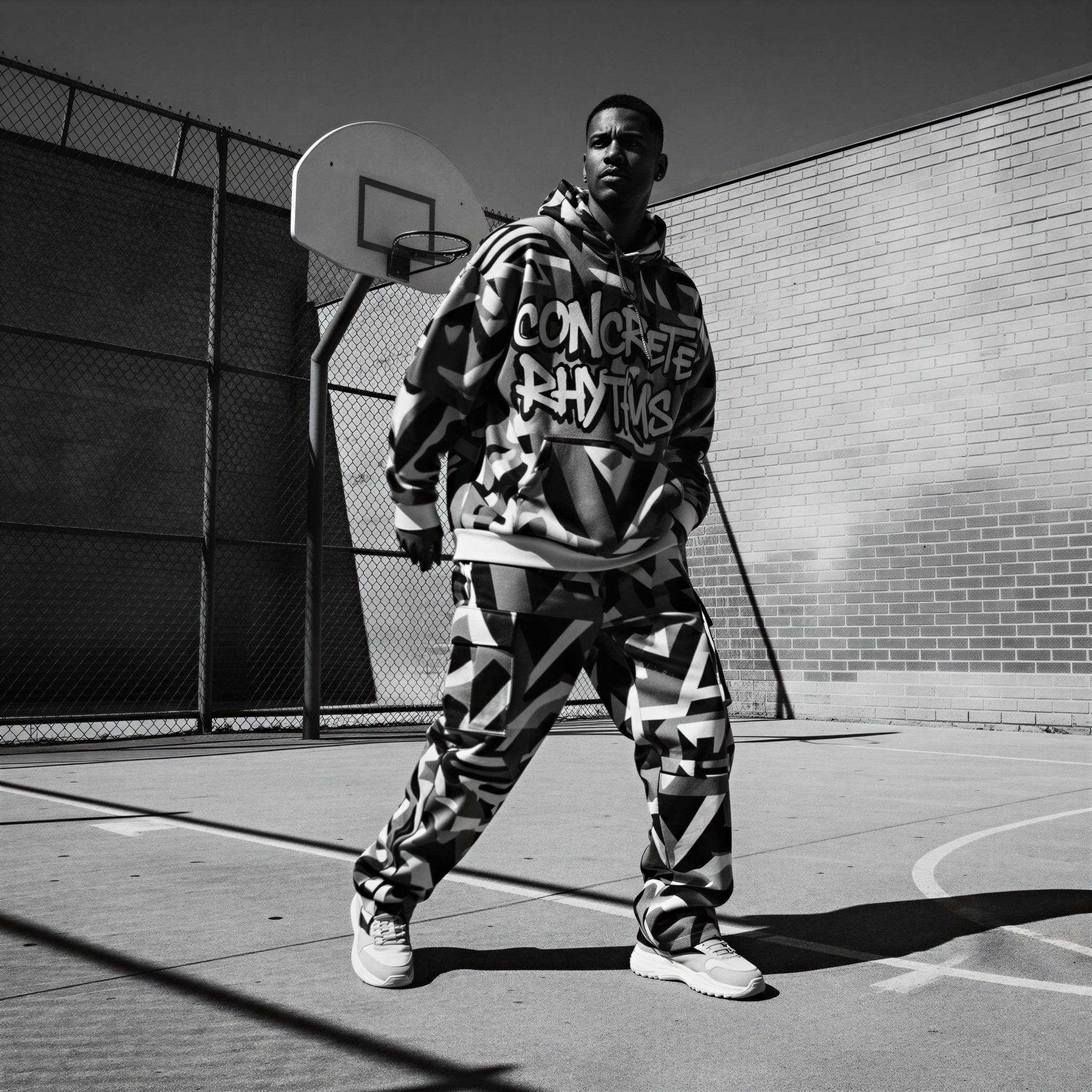 Streetwear editorial style photography, urban concrete basketball court, harsh midday sun creating deep shadows, high-contrast black and white, bold graphic apparel, dynamic motion blur, angular composition referencing early 90s hip-hop visuals, confident stance, magazine quality crisp detail